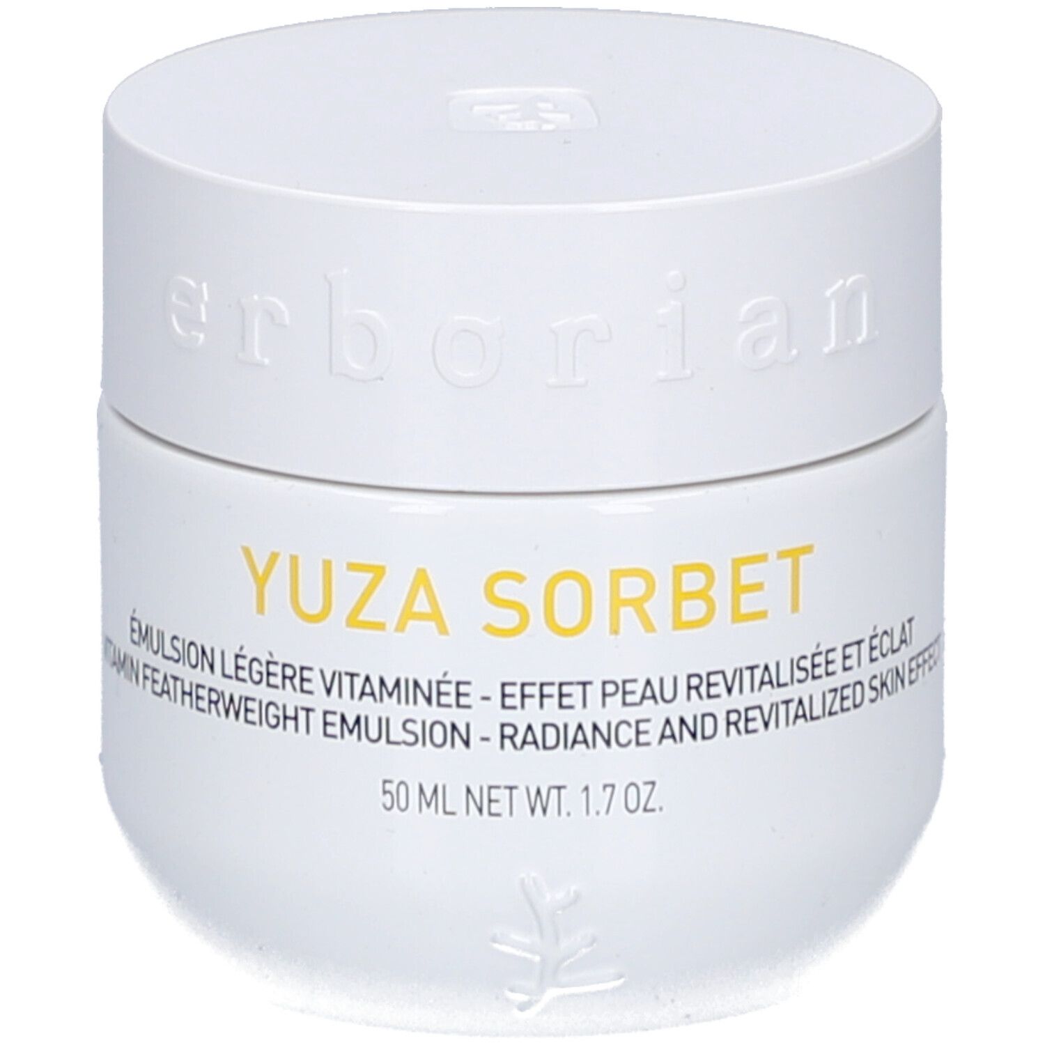 Weißer Tiegel mit Deckel. Aufschrift: YUZA SORBET, 50 ml. Marke: Erborian.