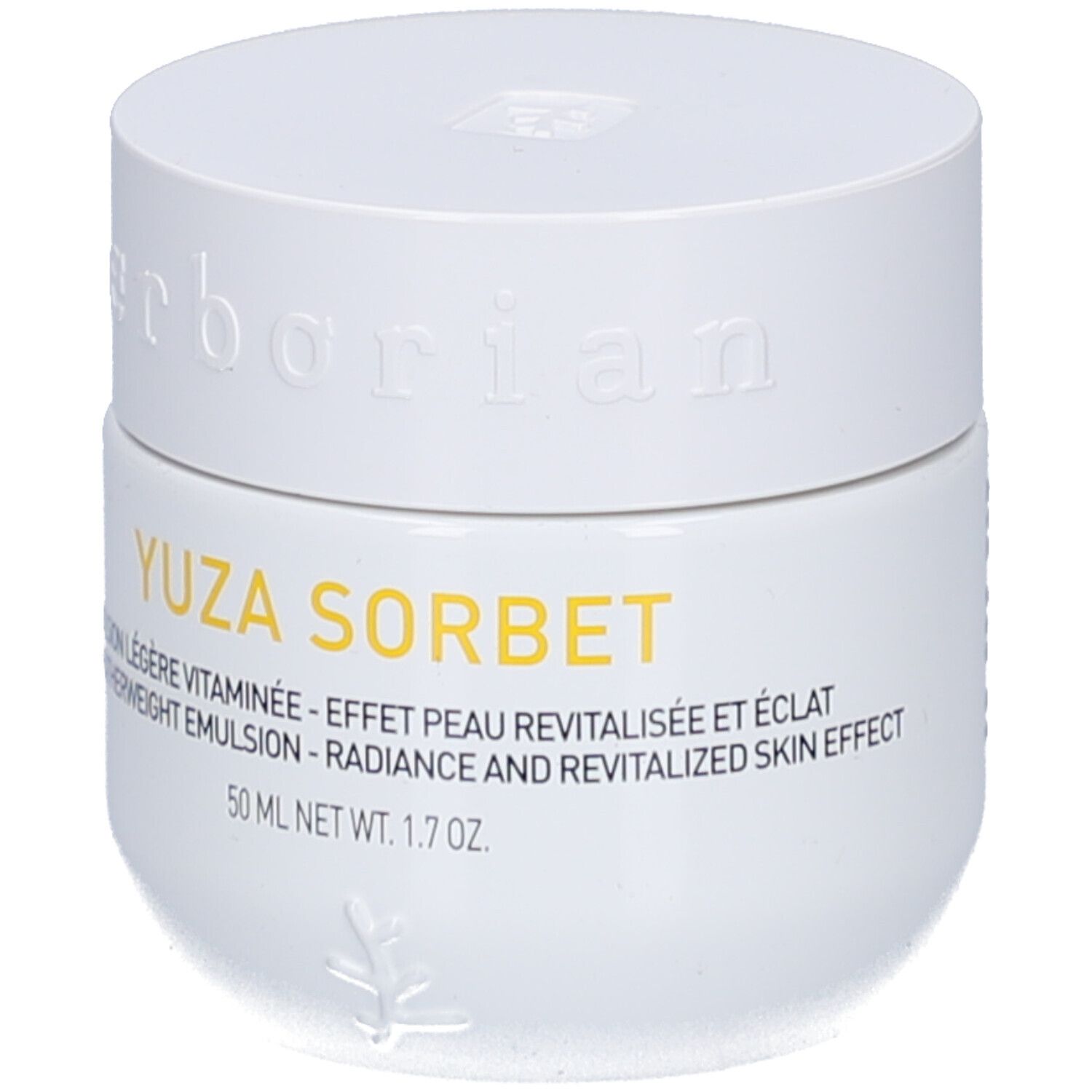 Weißer Tiegel mit Deckel. Aufschrift: YUZA SORBET, 50 ml. Marke: Erborian.