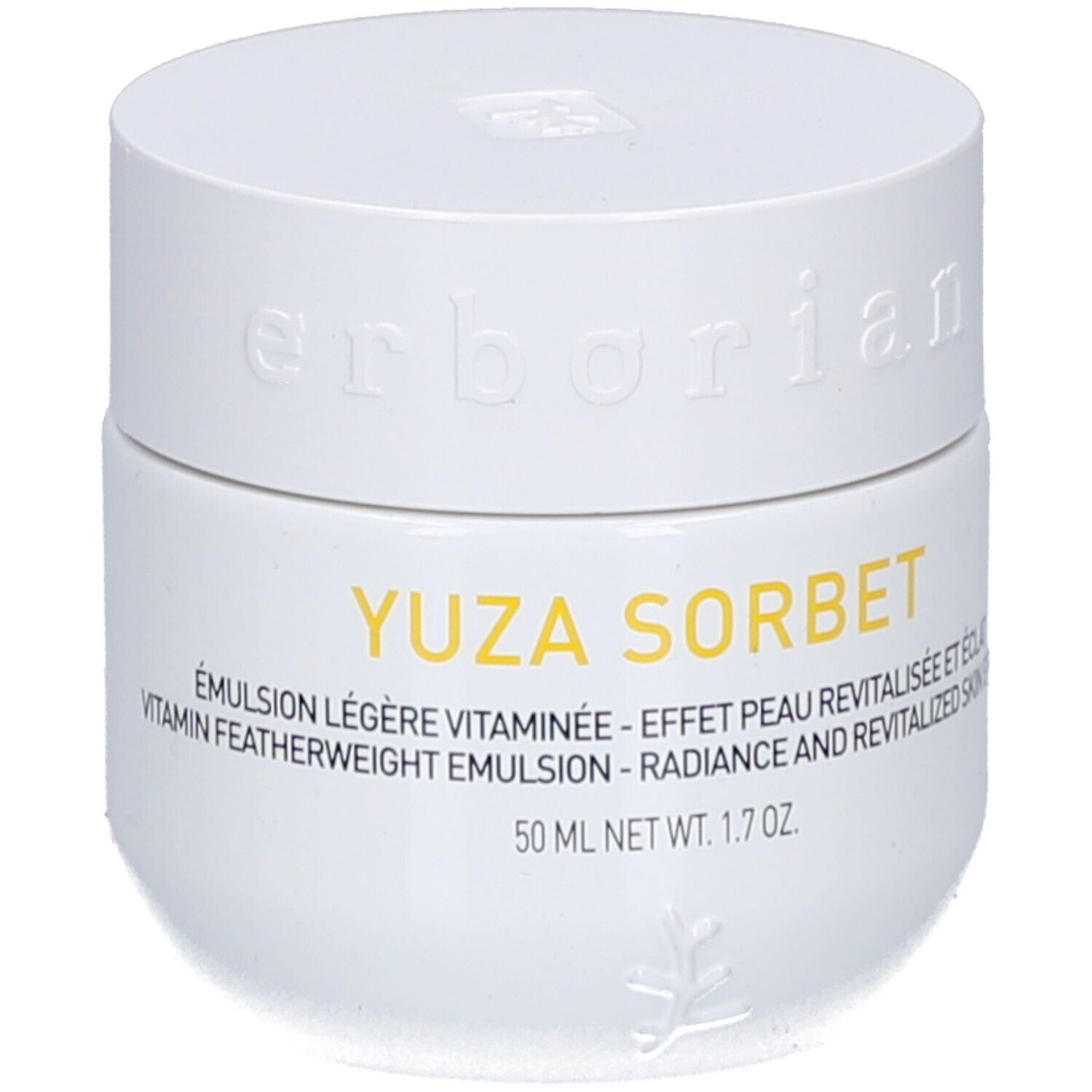Weißer Tiegel mit Deckel. Aufschrift: YUZA SORBET, 50 ml. Marke: Erborian.