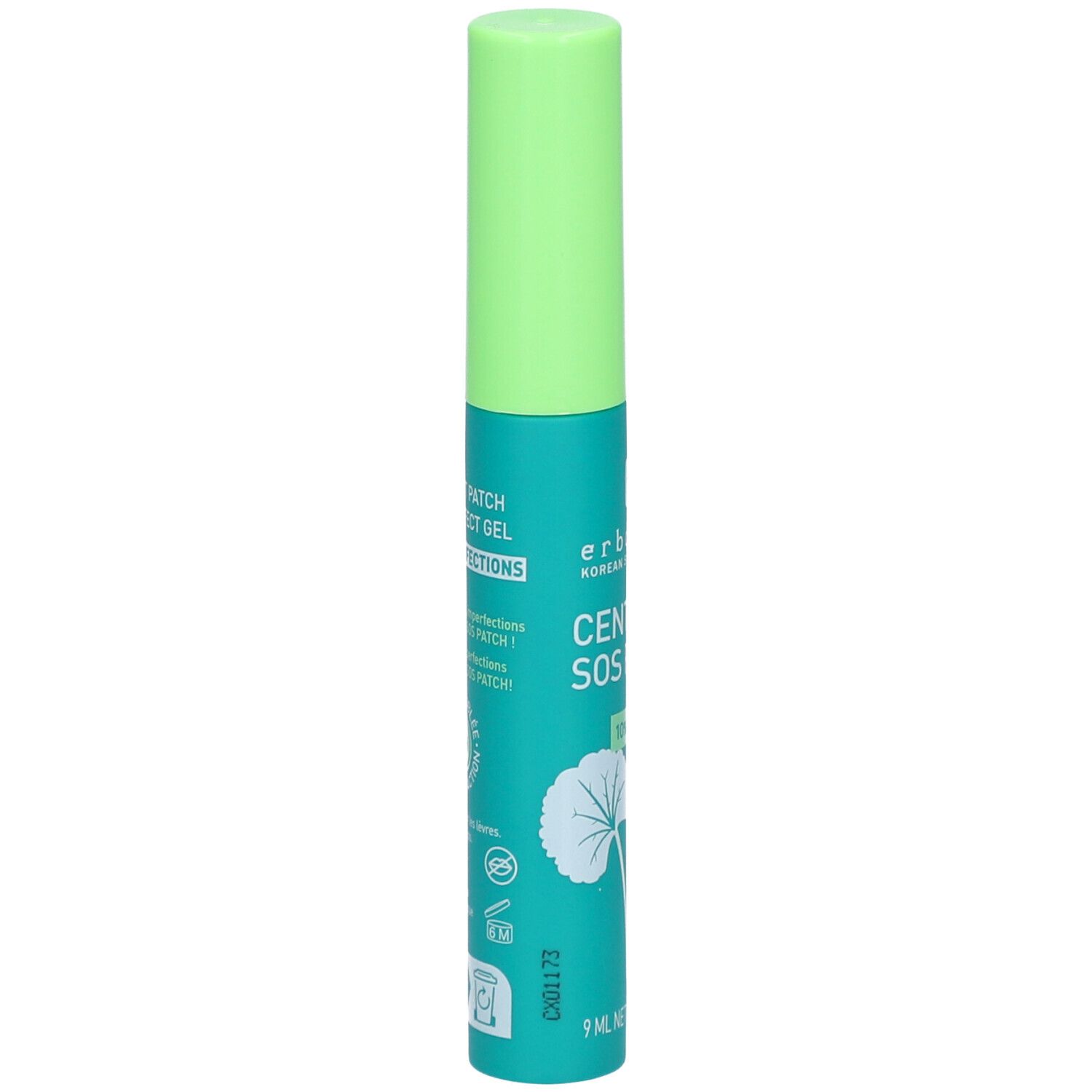 Grüne Tube mit grünem Deckel. Aufschrift: Centella SOS Patch. Marke: Erborian. 9 ml.
