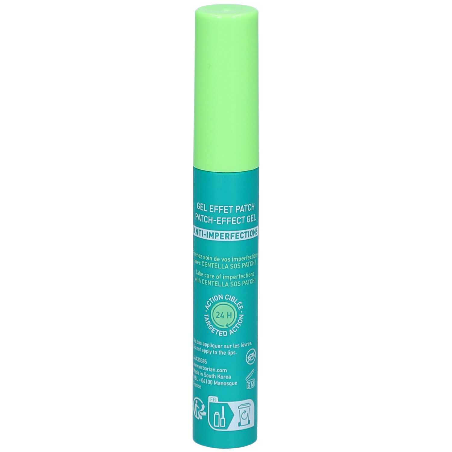 Grüne Tube mit grünem Deckel. Aufschrift: Gel effet patch, Anti-Imperfektionen. Marke: Erborian. 9 ml.