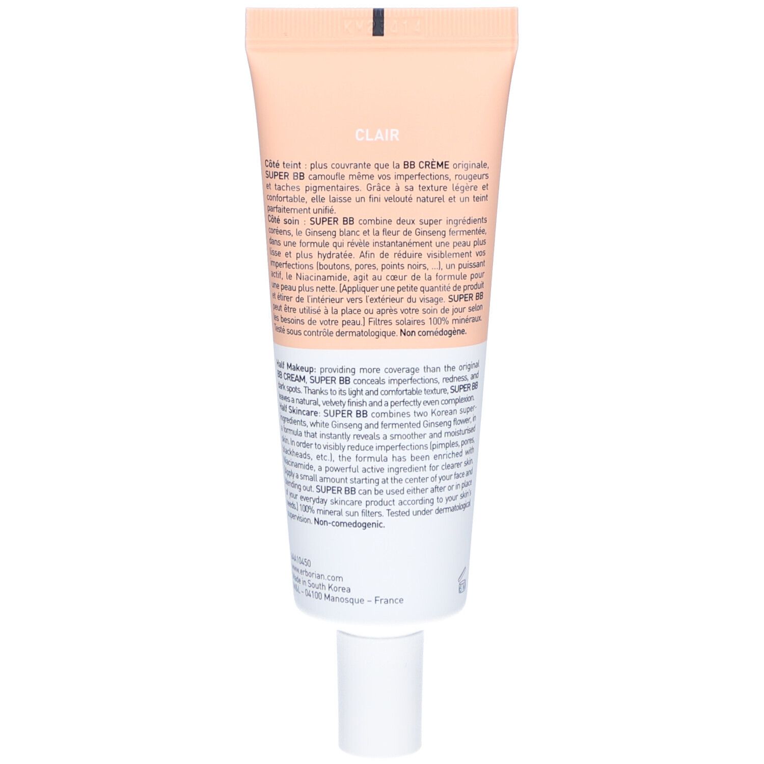 Rückseite der Creme-Tube SUPER BB Clair. Text in Französisch. Enthält Informationen über Inhaltsstoffe und Anwendung.