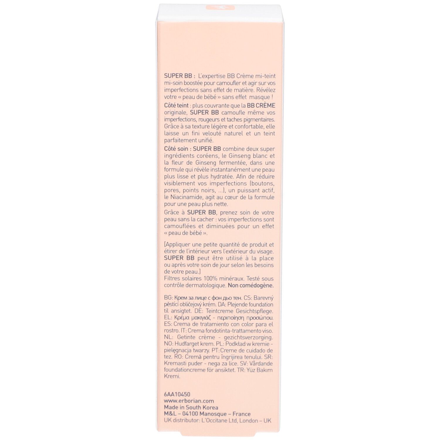 Seite der Kartonverpackung. Text in Französisch. Informationen zur Anwendung und Inhaltsstoffen. Marke: Erborian.