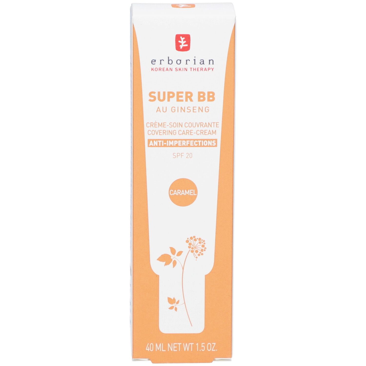 Verpackung der BB Creme. Marke: Erborian. Aufschrift: SUPER BB AU GINSENG, Anti-Unreinheiten, SPF 20. Farbe: Caramel.