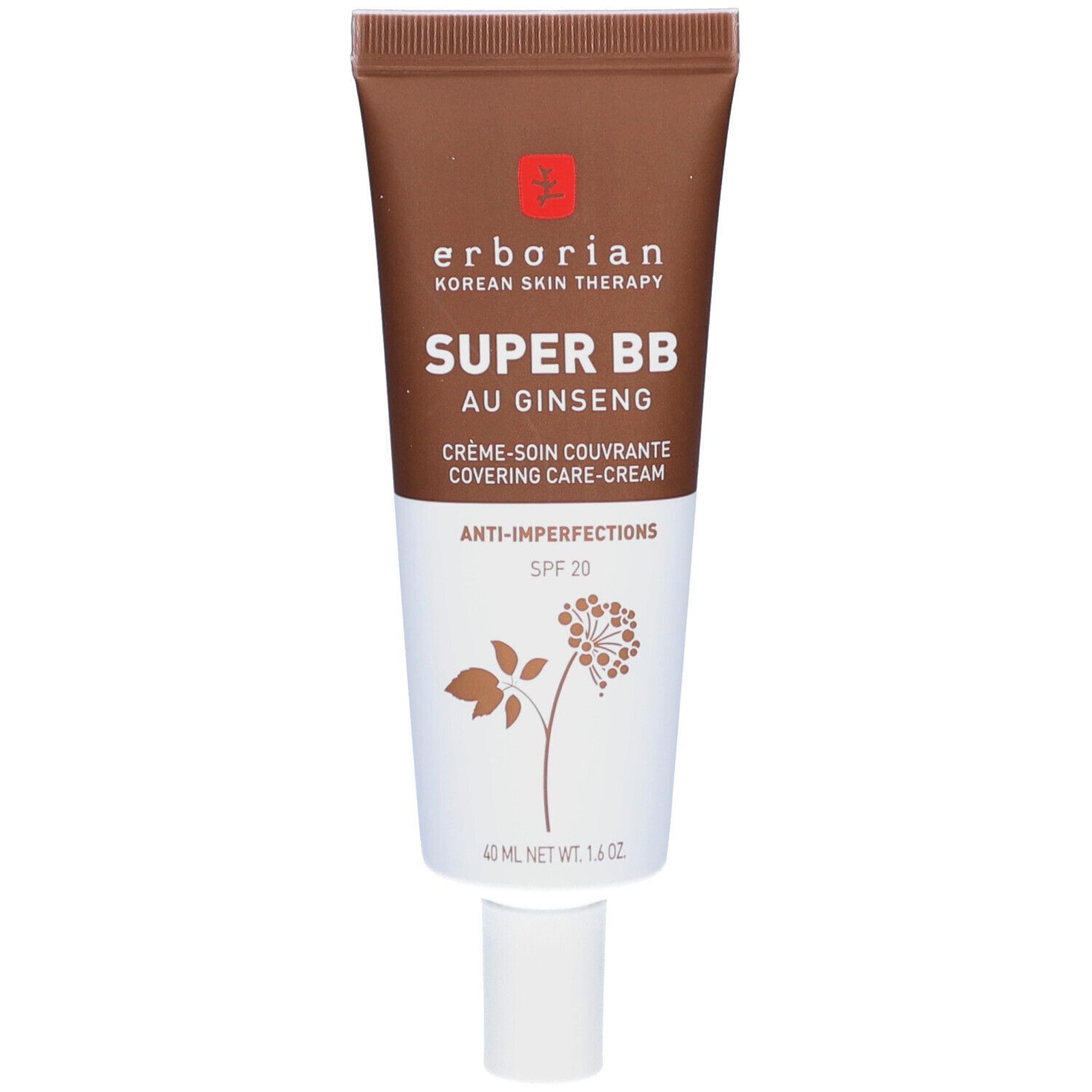 Erborian Super BB Creme mit Ginseng, braune Tube, weißer Boden. Text: Super BB, Au Ginseng, Anti-Imperfektionen, SPF 20.