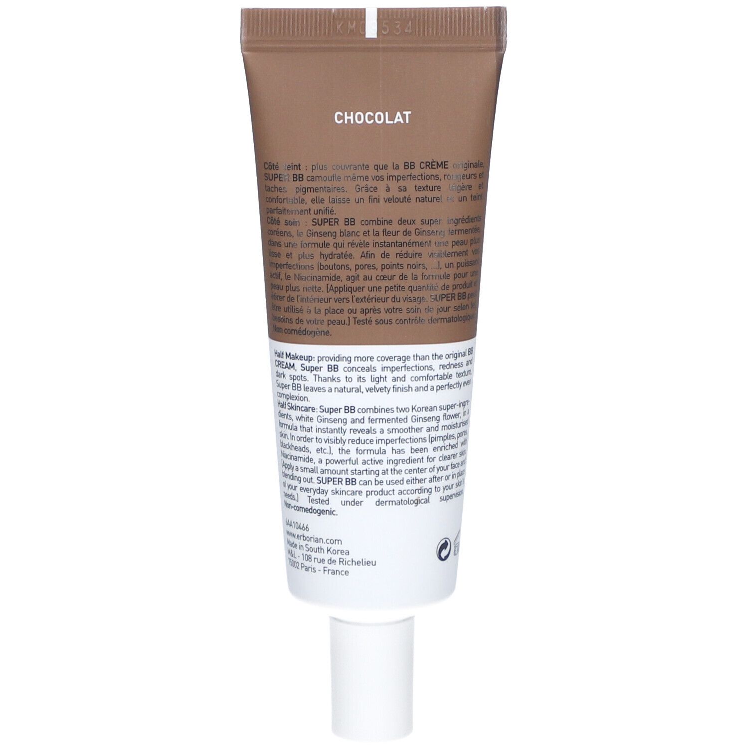 Rückseite der Erborian Super BB Creme Tube. Text: Chocolat. Beschreibung des Produkts in Französisch. Inhaltsstoffe und Kontaktinformationen.