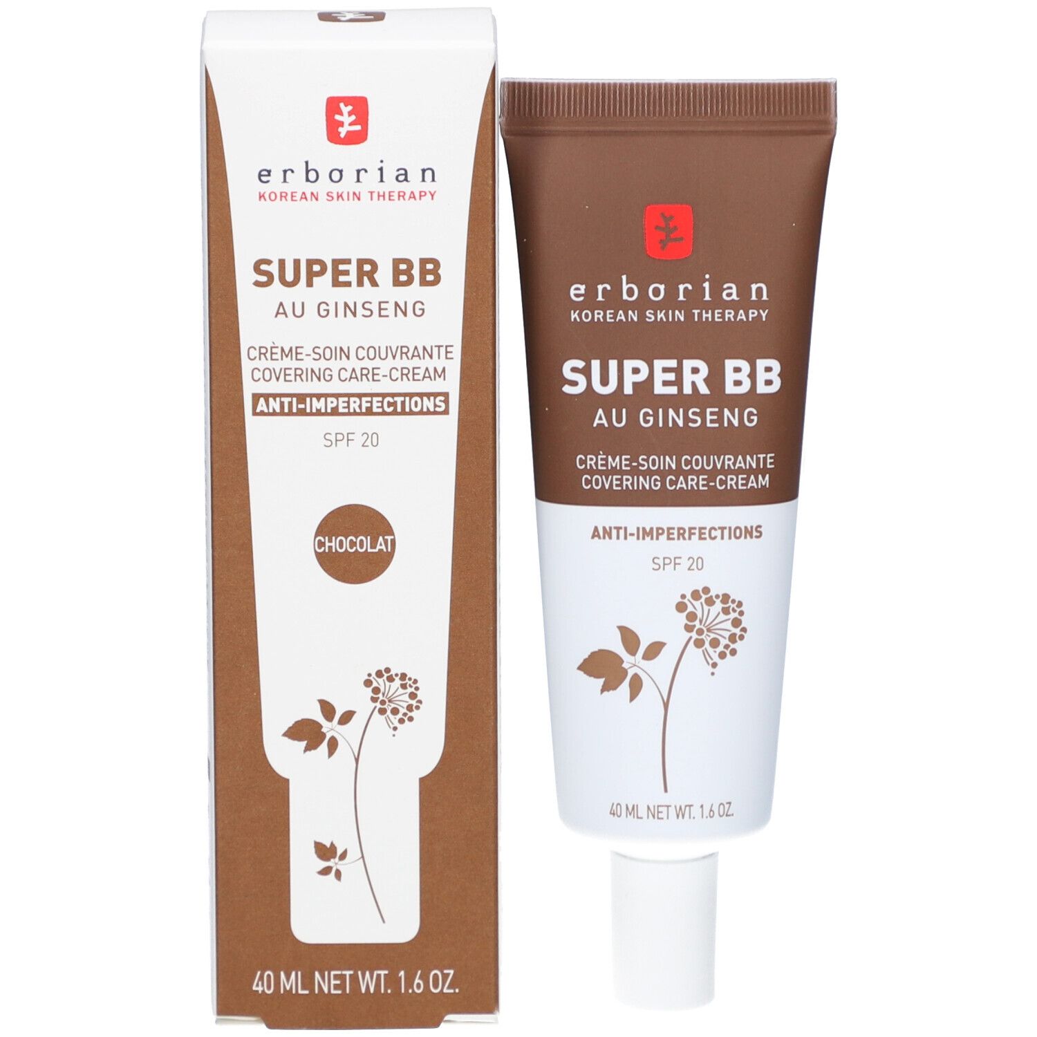 Erborian Super BB Creme mit Ginseng, Tube und Verpackung. Text: Super BB, Au Ginseng, Anti-Imperfektionen, SPF 20, Chocolat. 40 ml.