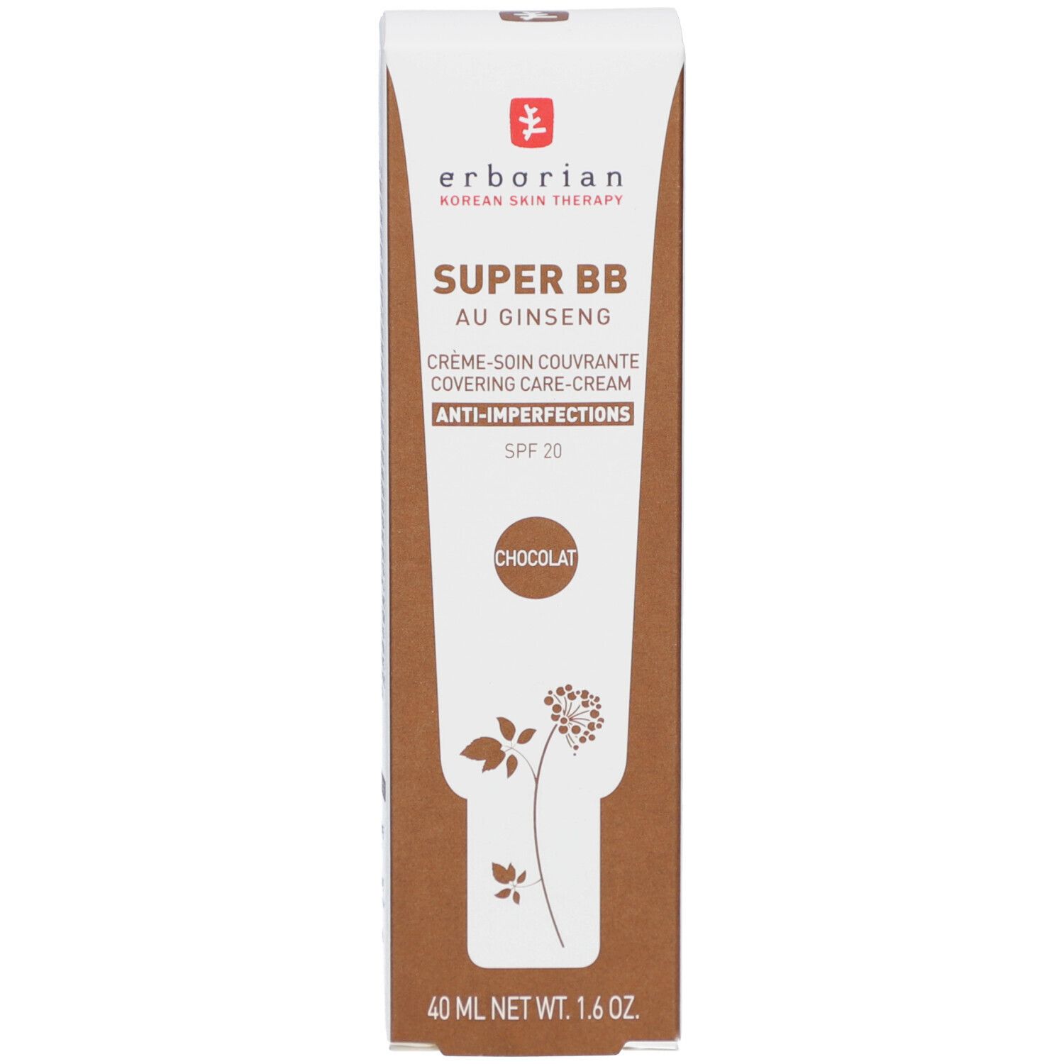 Erborian Super BB Creme Verpackung. Text: Super BB, Au Ginseng, Anti-Imperfektionen, SPF 20, Chocolat. 40 ml. Netto.