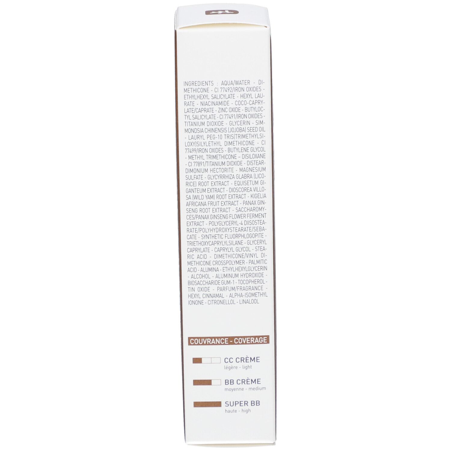 Verpackung Erborian Super BB Creme. Text: Inhaltsstoffe, CC Creme, BB Creme, Super BB. Farbvergleich. Kontaktinformationen.