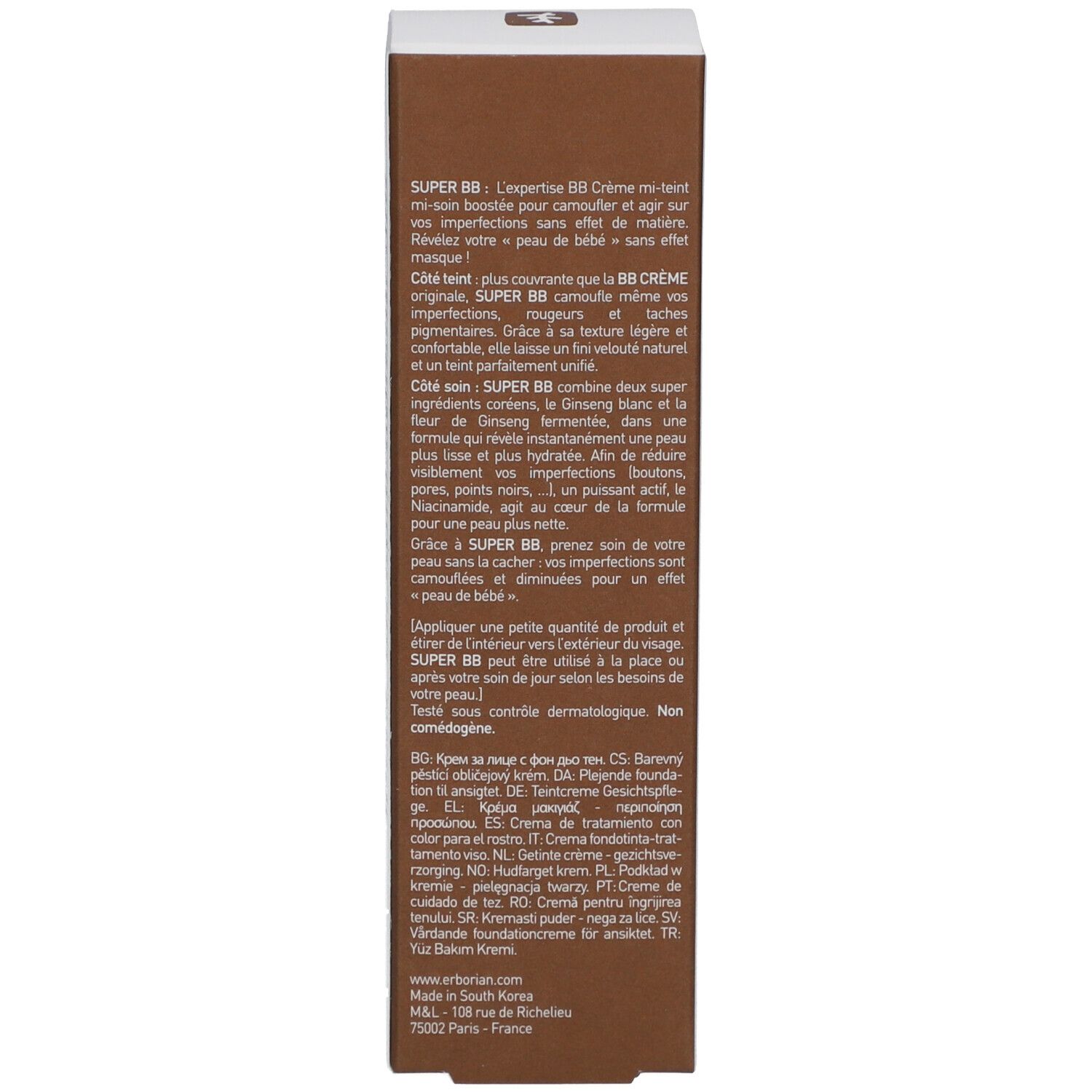 Rückseite der Erborian Super BB Creme Verpackung. Produktbeschreibung in Französisch. Kontaktinformationen und Hinweise.
