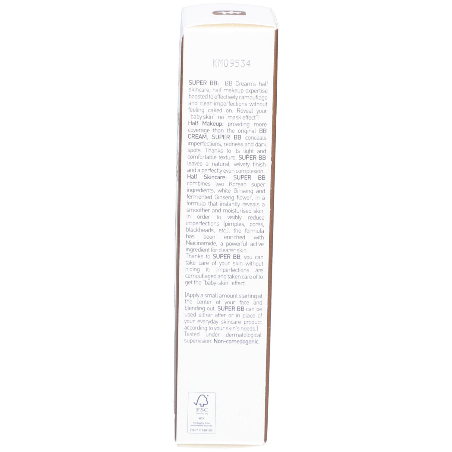 Rückseite der Erborian Super BB Creme Verpackung. Produktbeschreibung in Englisch. Kontaktinformationen und Hinweise.