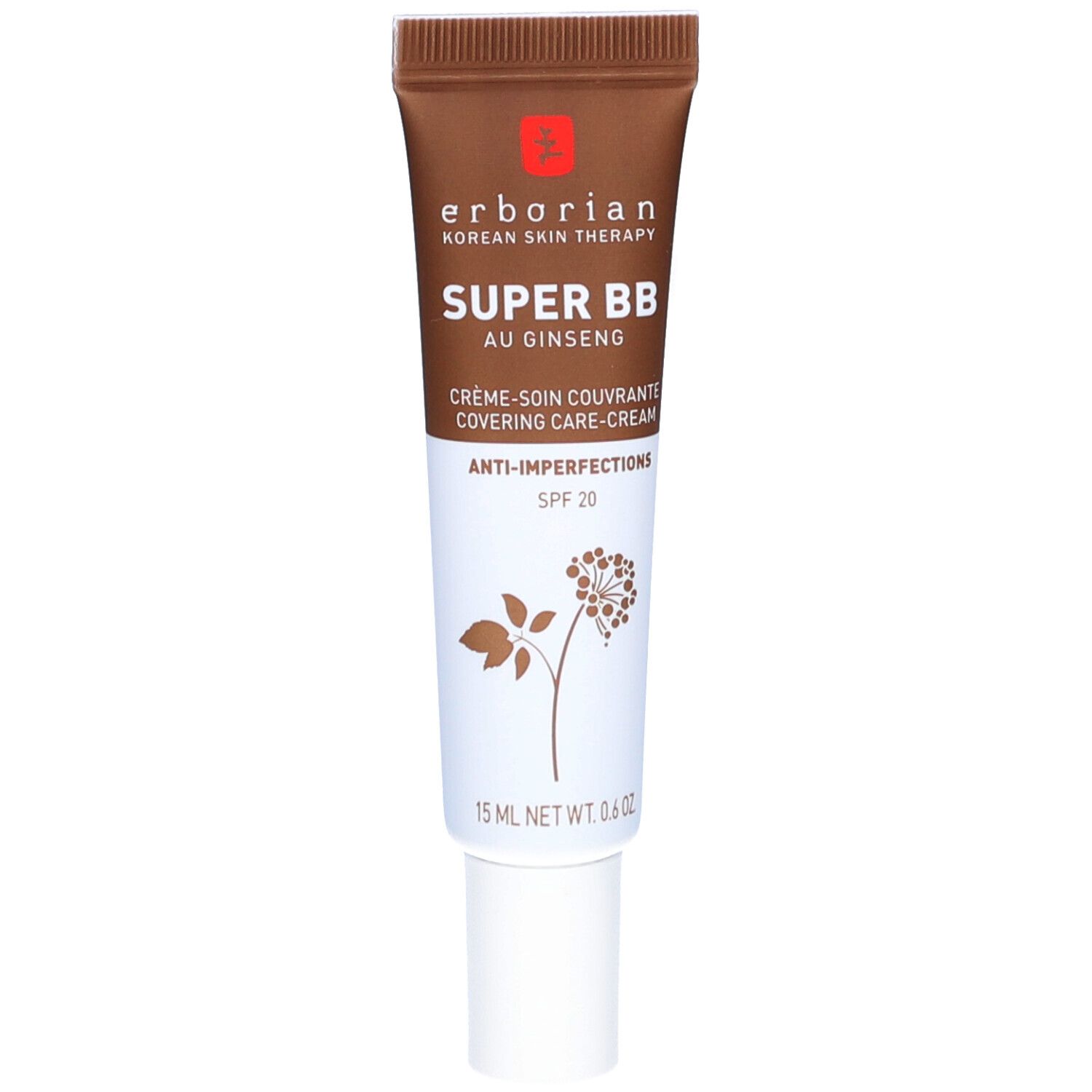 Braune Tube mit weißem Boden. Aufschrift: SUPER BB, au Ginseng, Creme-Soin Couvrante, Anti-Imperfections, SPF 20. 15 ml.