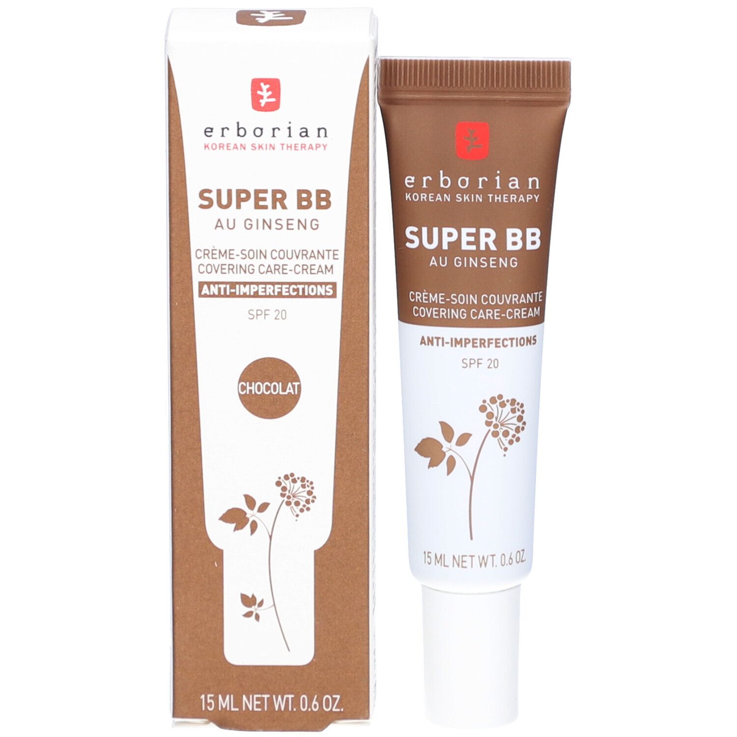 Produktverpackung und Tube. Verpackung: weiß, braun. Aufschrift: SUPER BB, au Ginseng, Crème-Soin Couvrante, Anti-Imperfections, SPF 20. Tube: braun, weiß.