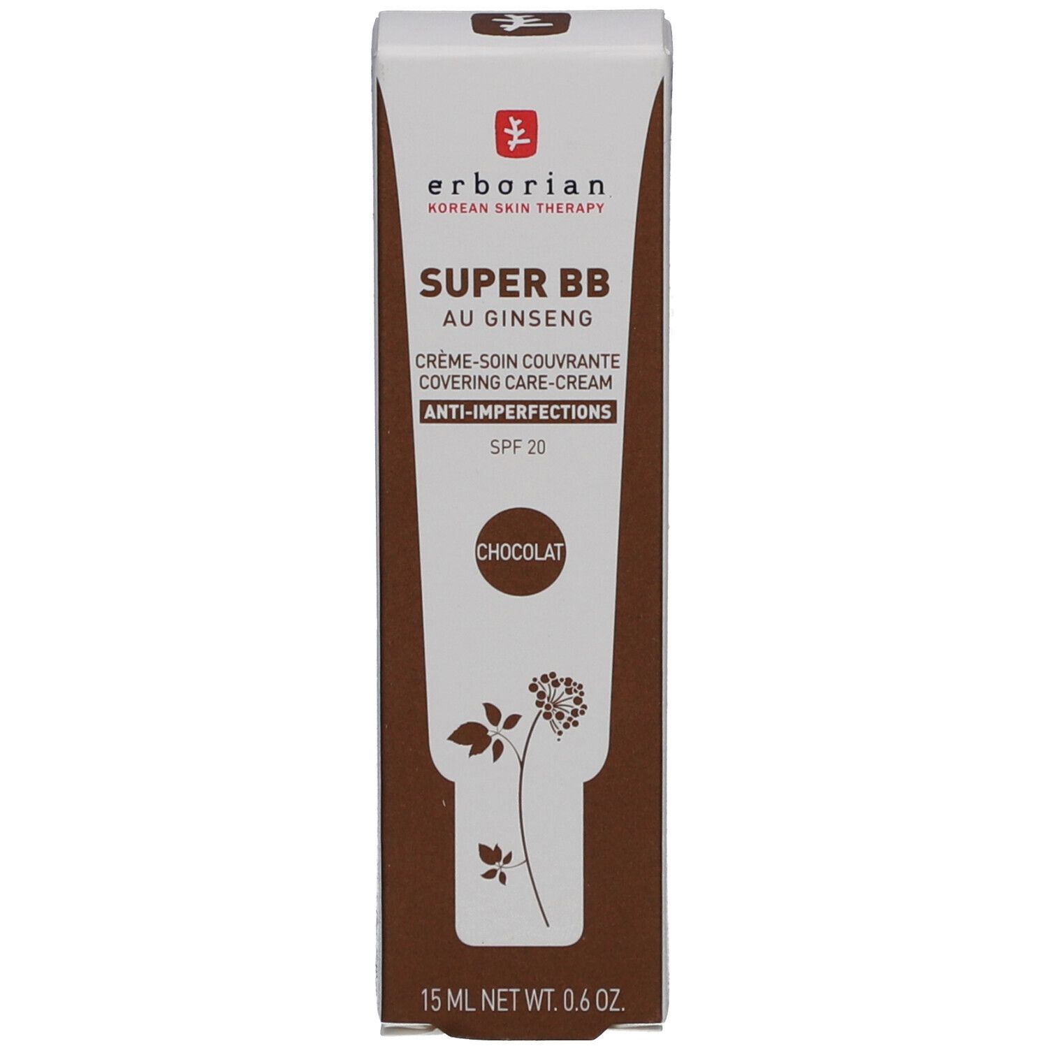 Produktverpackung. Weiß, braun. Aufschrift: SUPER BB, au Ginseng, Crème-Soin Couvrante, Anti-Imperfections, SPF 20. Chocolat.