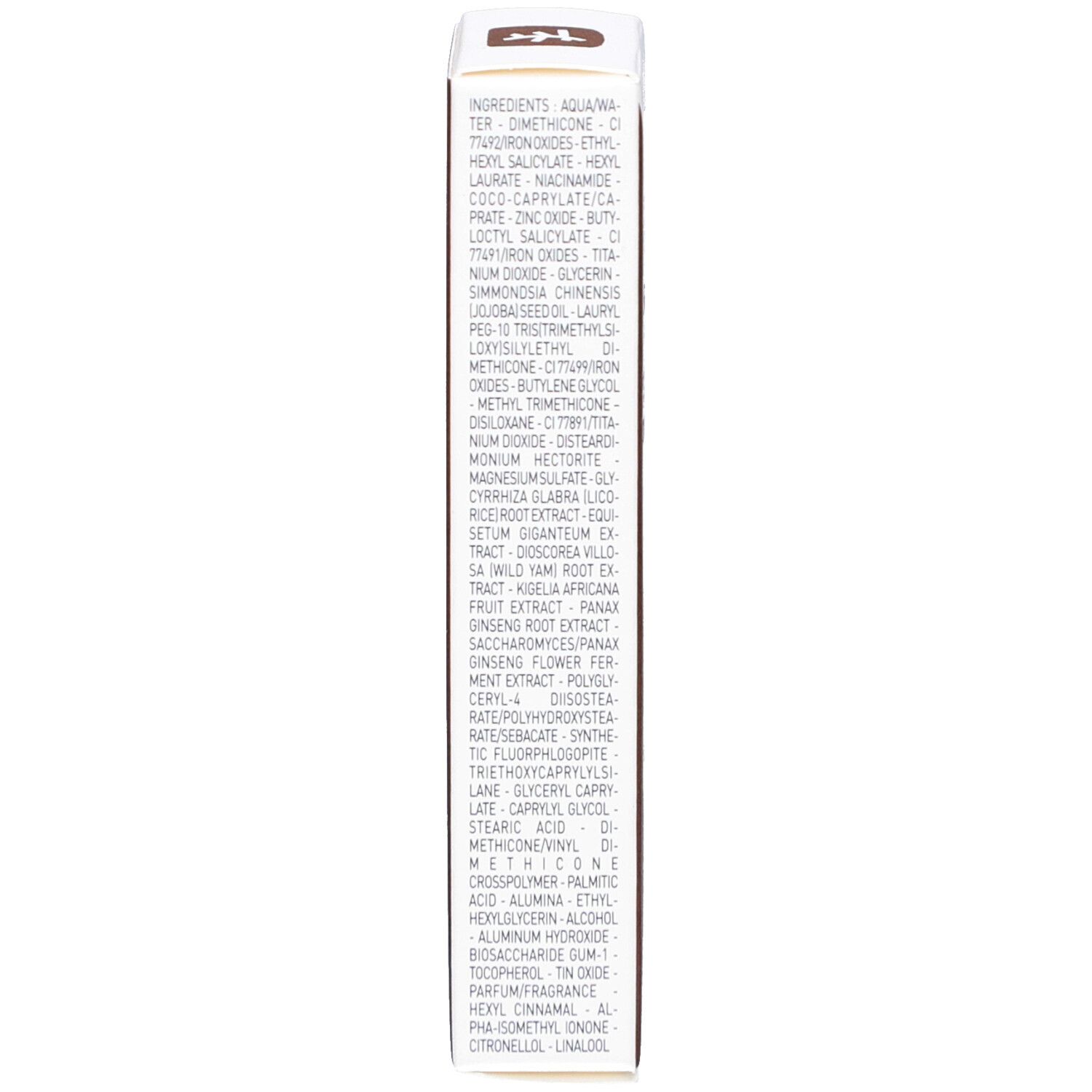 Schmale Produktverpackung. Weiße Vorderseite mit Inhaltsstoffen. Braune Seiten und Rückseite. Text in mehreren Sprachen.