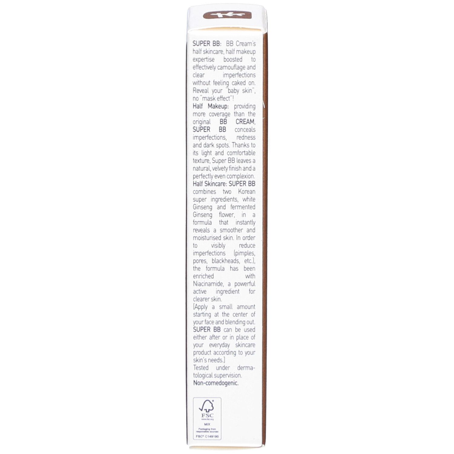Schmale Produktverpackung. Braune Rückseite mit Produktbeschreibung in Englisch. Weiße Vorderseite mit Produktnamen.