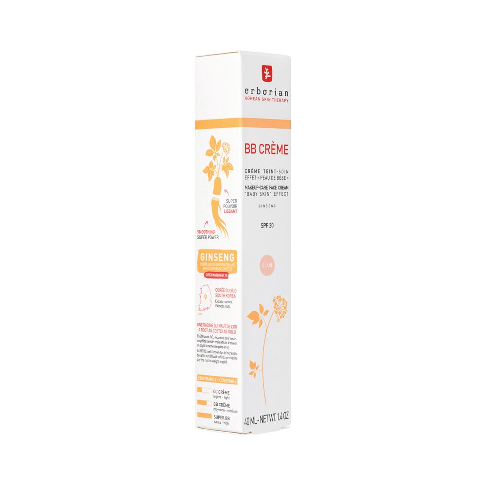 Verpackung der BB Creme Clair mit Ginseng-Motiv und Hinweisen.