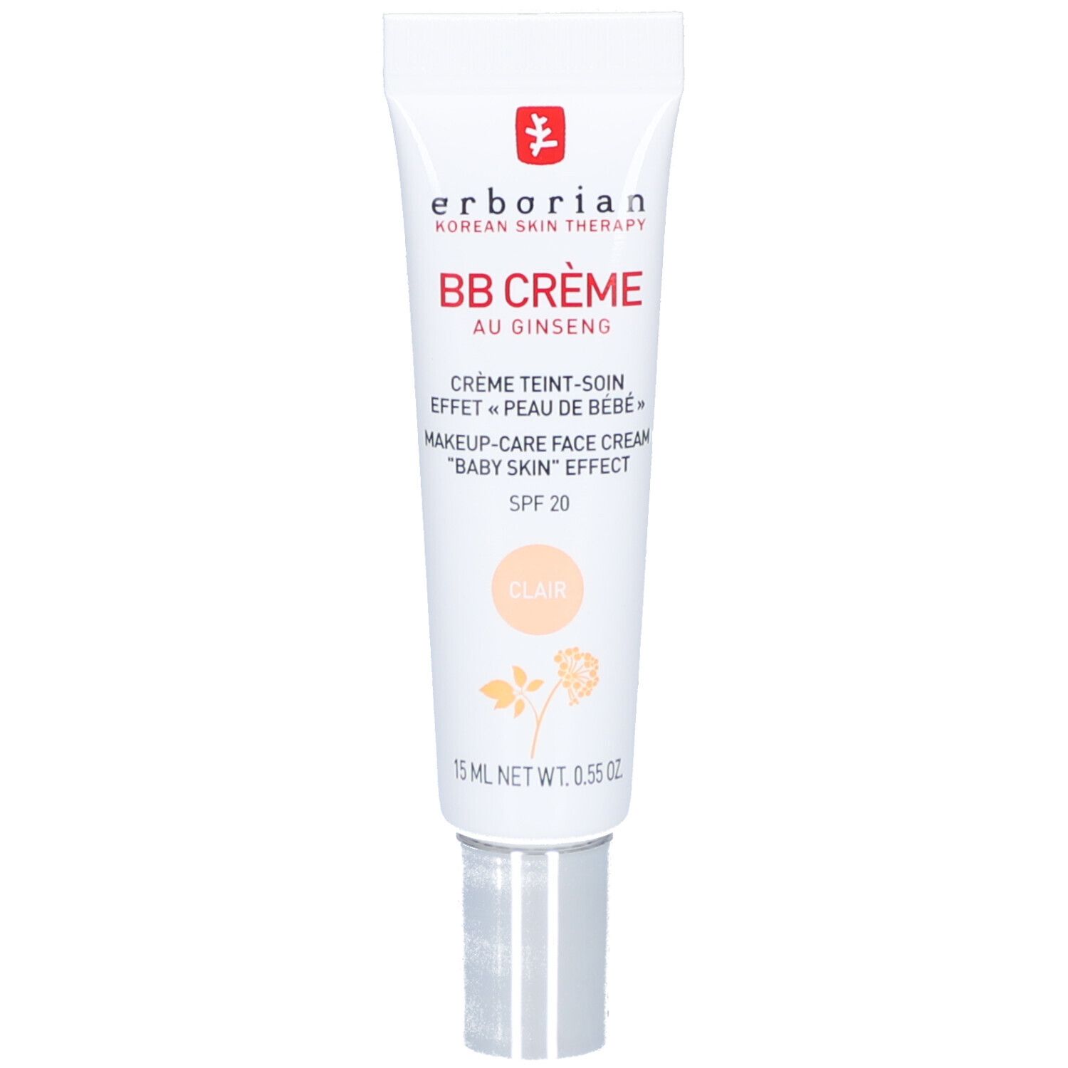 Weiße Tube mit roter Schrift. Produktname: BB Crème Clair. Enthält Ginseng. Mit SPF 20. 15 ml.
