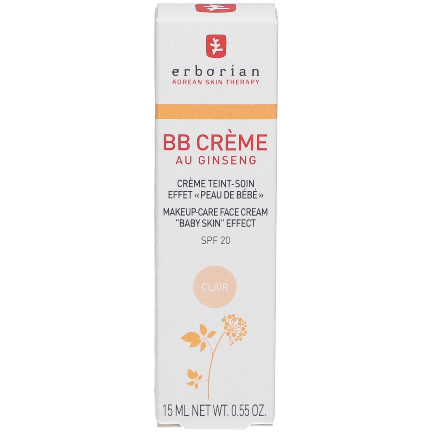 Weiße Schachtel mit roter Schrift. Produktname: BB Crème Clair. Enthält Ginseng. Mit SPF 20. 15 ml.