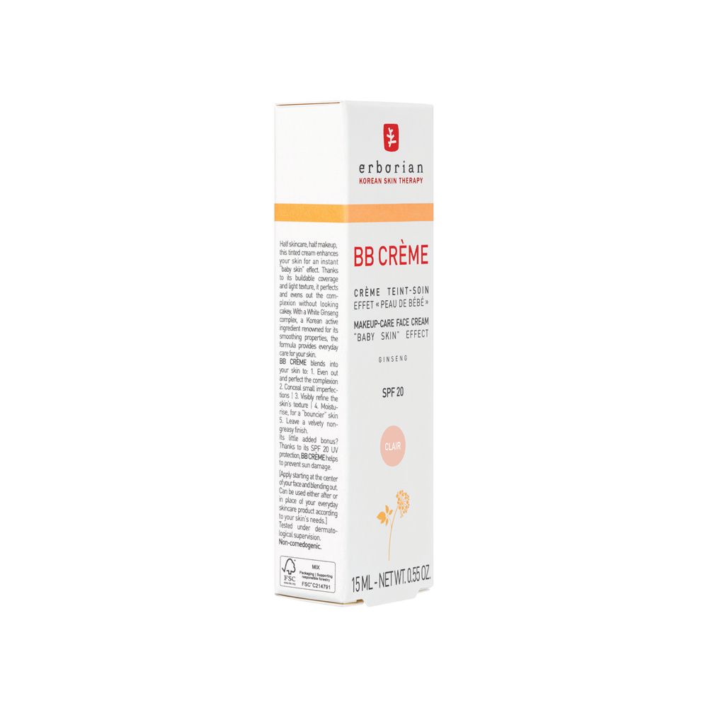 Seite der Erborian BB Creme Clair Verpackung mit Anwendungshinweisen.