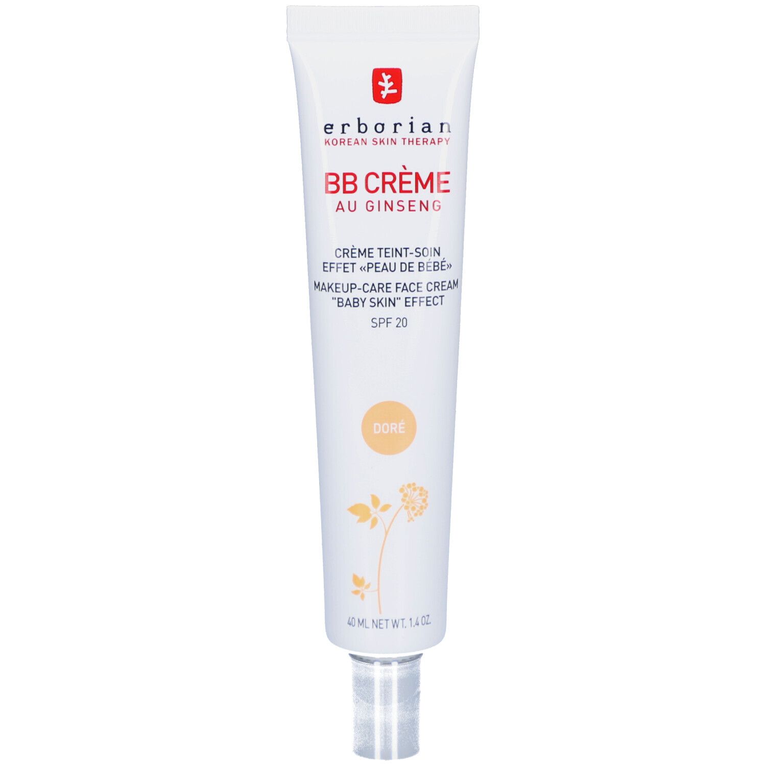 Weiße Tube mit BB Crème Dore. Aufschrift: Erborian, BB Crème au Ginseng, SPF 20. Unterhalb: Dore.