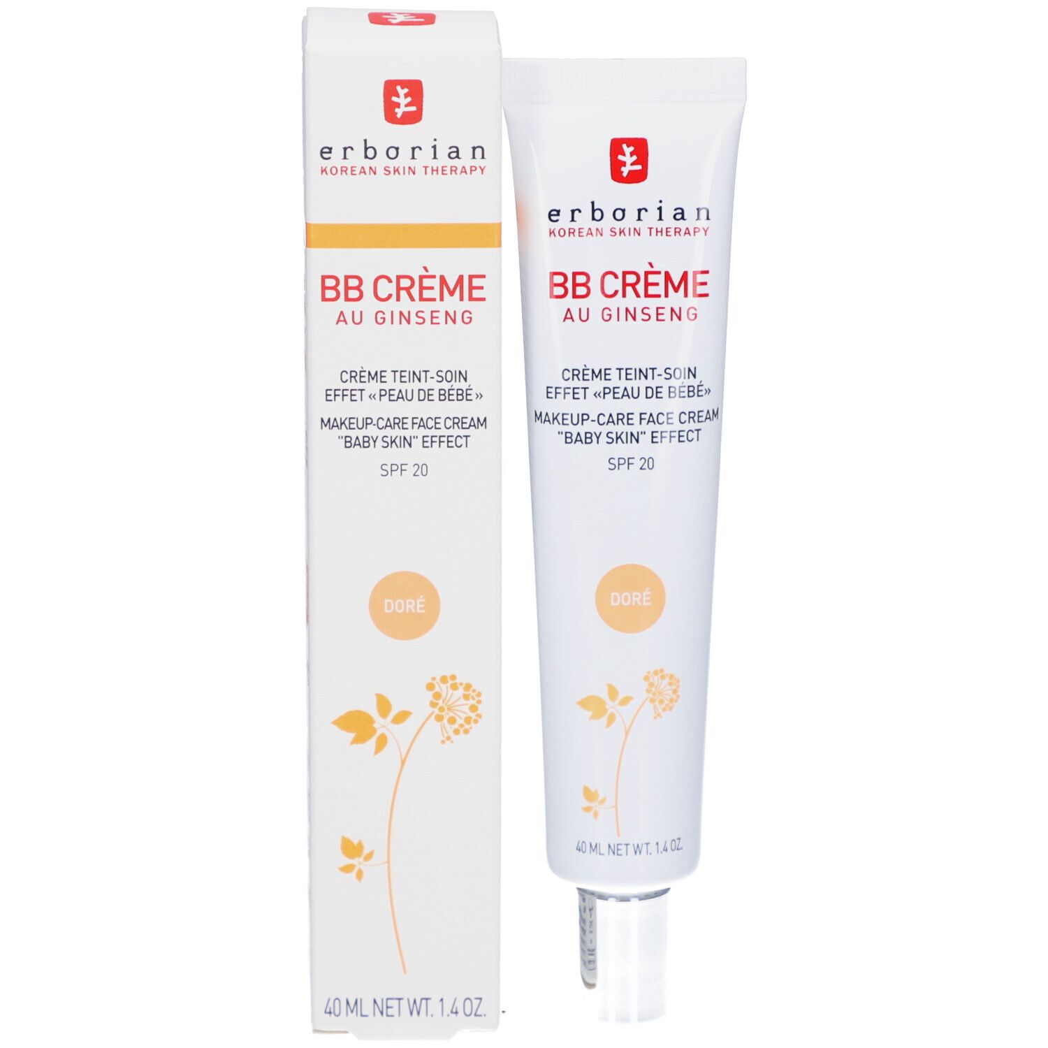 BB Crème Dore in Verpackung. Tube und Schachtel. Aufschrift: Erborian, BB Crème au Ginseng, SPF 20. Dore.