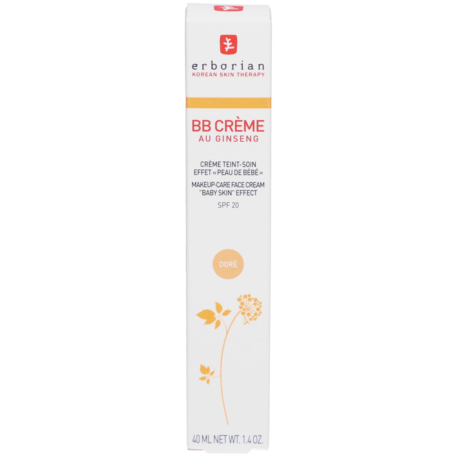 Schachtel mit BB Crème Dore. Aufschrift: Erborian, BB Crème au Ginseng, SPF 20. Dore. 40 ml.