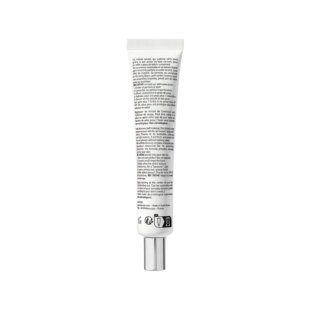 Rückseite einer weißen Tube mit Erborian BB Creme, detaillierte Produktinformationen und Symbole.