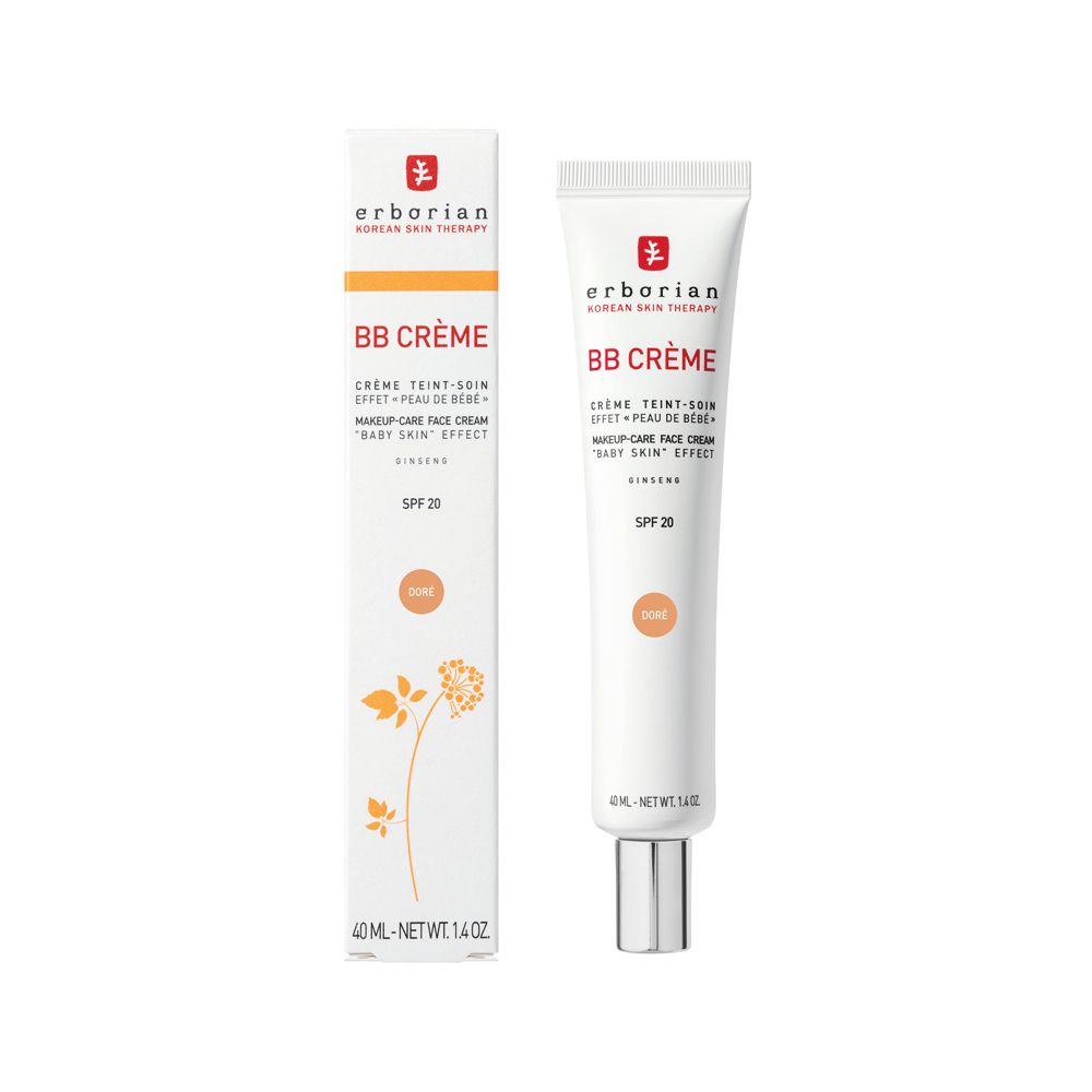 Erborian BB Creme Doré Tube und Verpackung, seitliche Ansicht mit Ginseng-Illustration.
