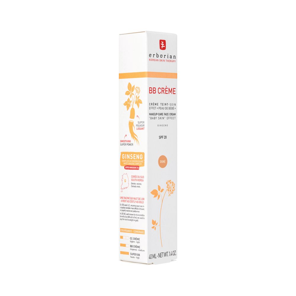 Verpackung der Erborian BB Creme Doré mit Ginseng-Darstellung und Produktmerkmalen.