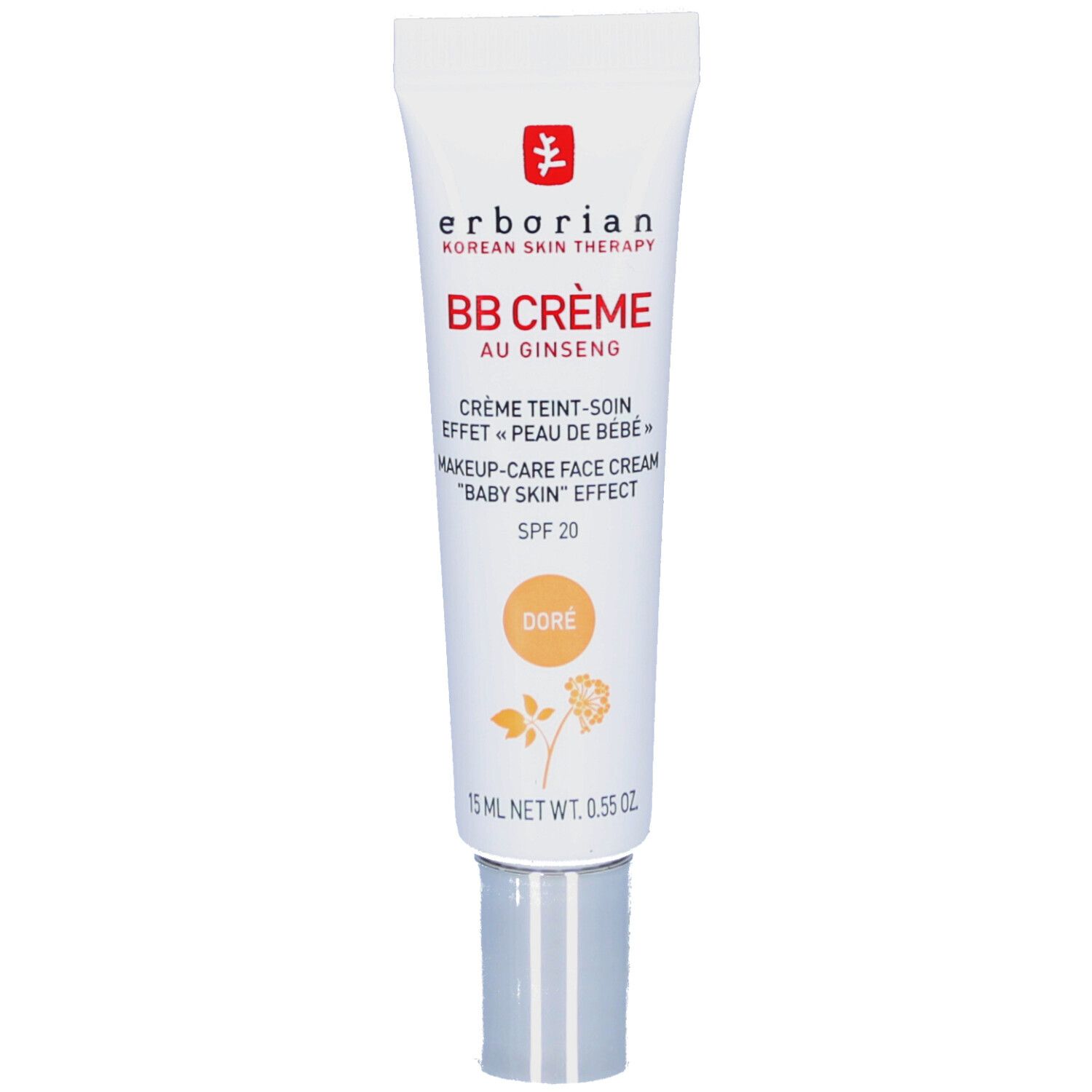Tube BB Crème Dore von Erborian. Weißer Tube mit silberner Kappe. Text: BB CRÈME, SPF 20, Dore. 15 ml.