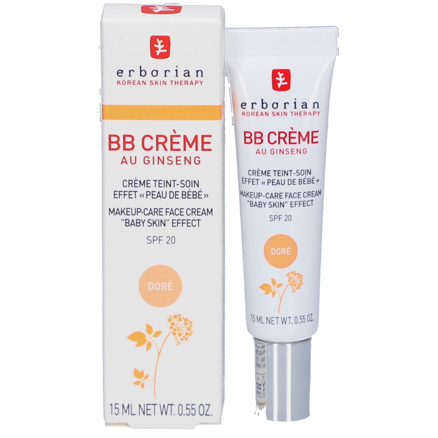 BB Crème Dore von Erborian in Verpackung. Weiße Schachtel und Tube. Text: BB CRÈME, SPF 20, Dore. 15 ml.