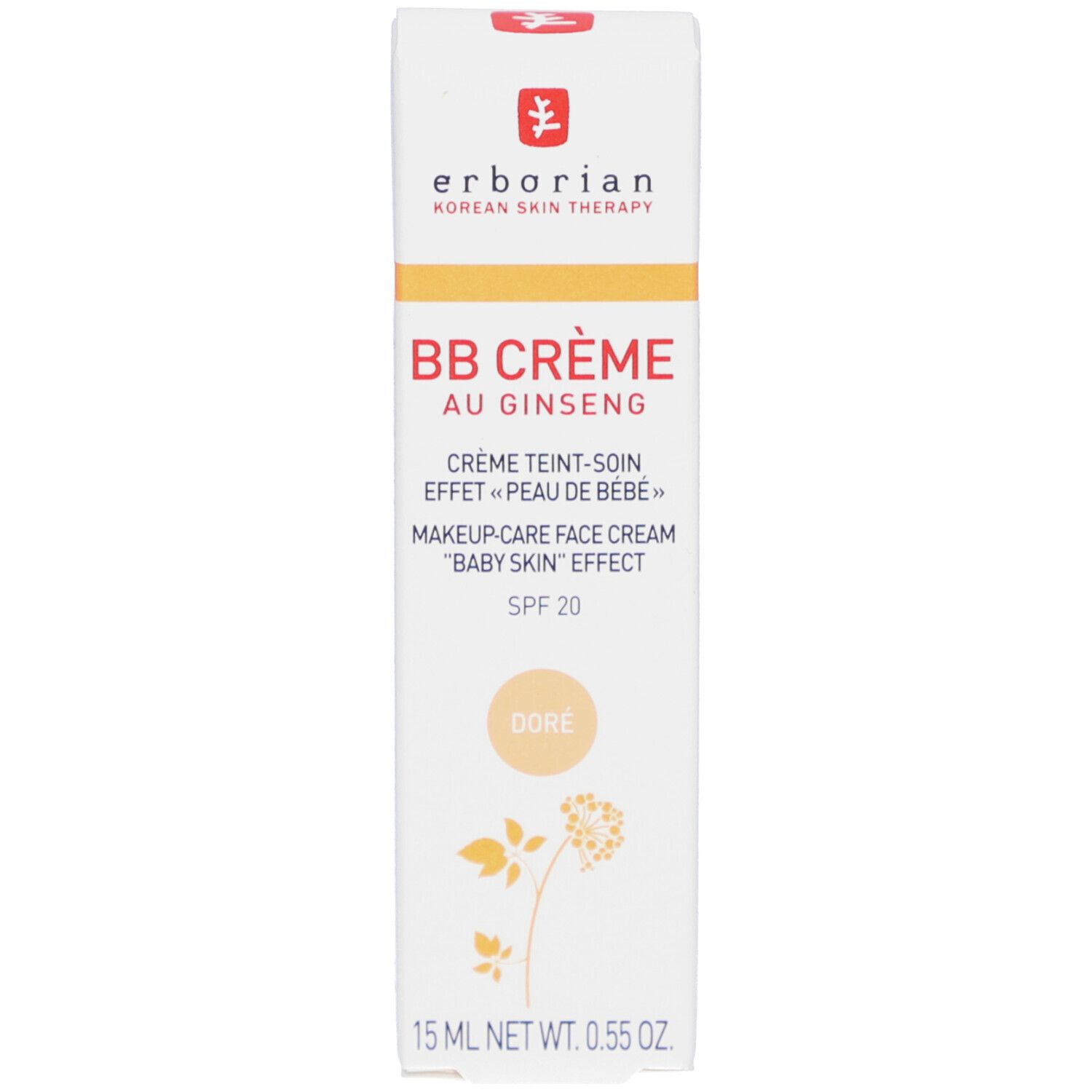 Weiße Schachtel mit BB Crème Dore von Erborian. Text: BB CRÈME, SPF 20, Dore. 15 ml. Roter Logo.