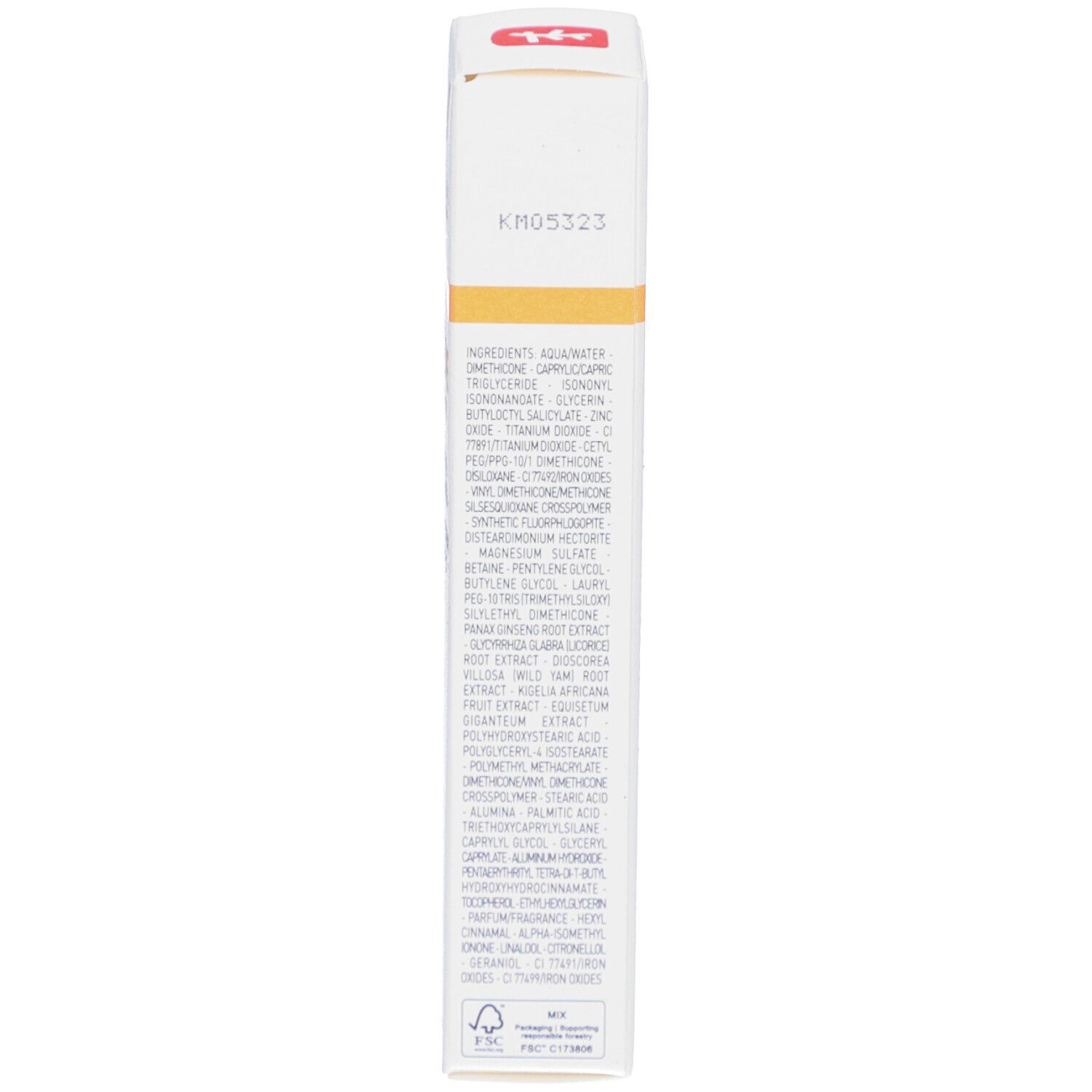 Seite der BB Crème Dore Verpackung. Inhaltsstoffe. Text und Symbole. KM05323.