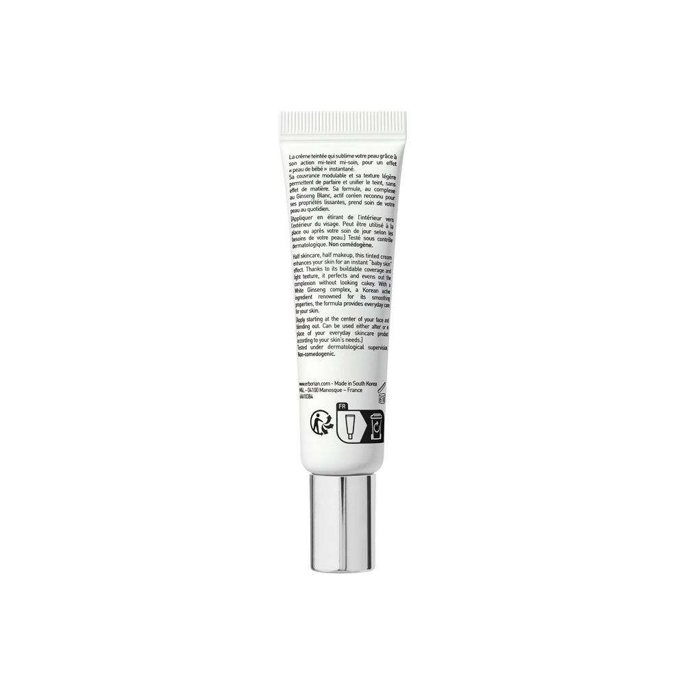 Rückseite eines Erborian BB Creme Doré SPF 20 Tiegels mit Produktinformationen.