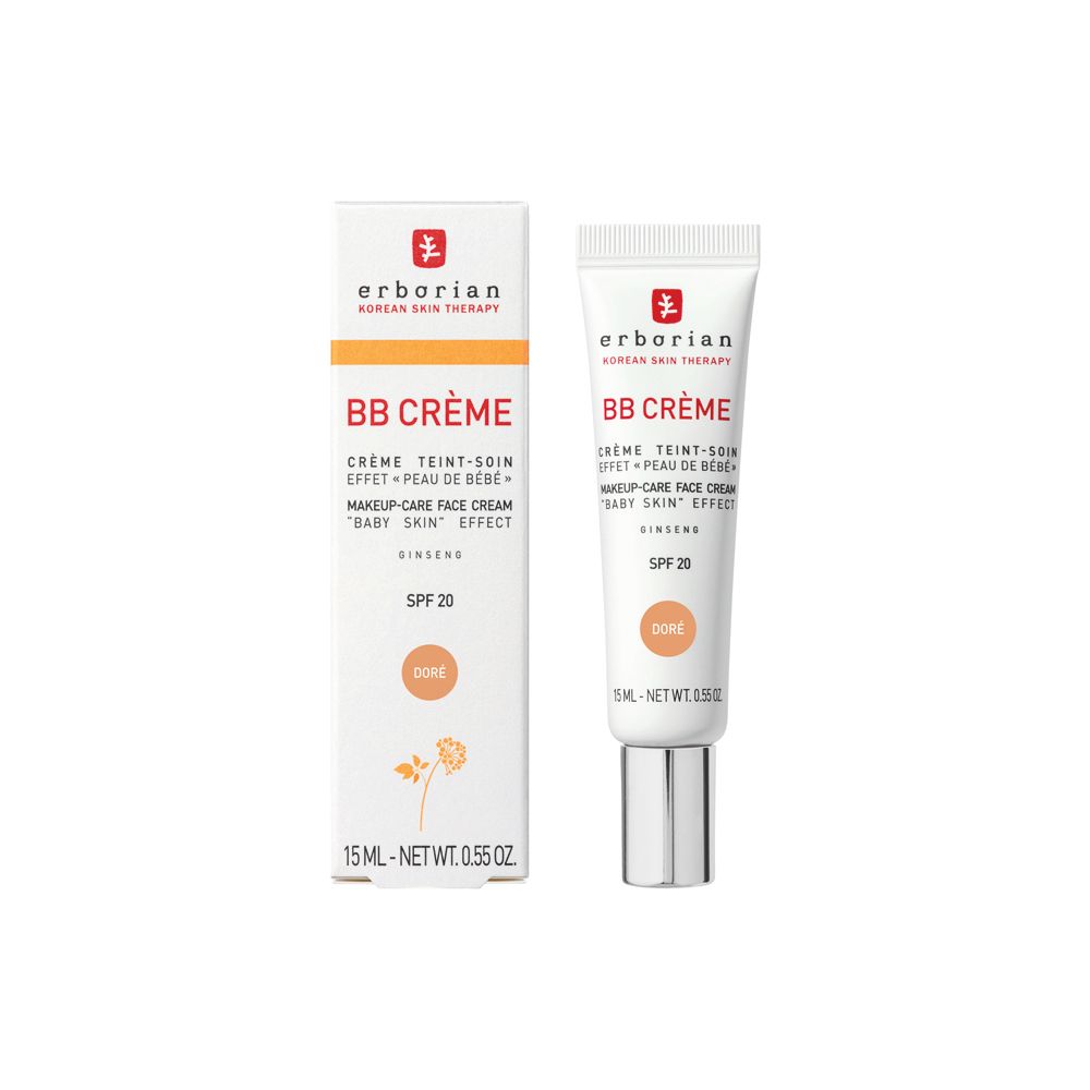 Erborian BB Creme Doré SPF 20 Tube und Verpackung, Vorderansicht.