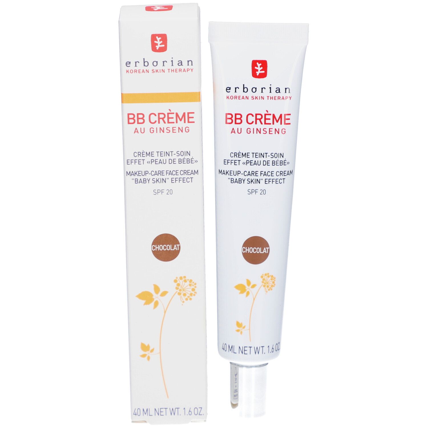 BB Crème Chocolat von Erborian, Tube und Verpackung. Text und Logo in Rot und Braun. Blumenmuster.