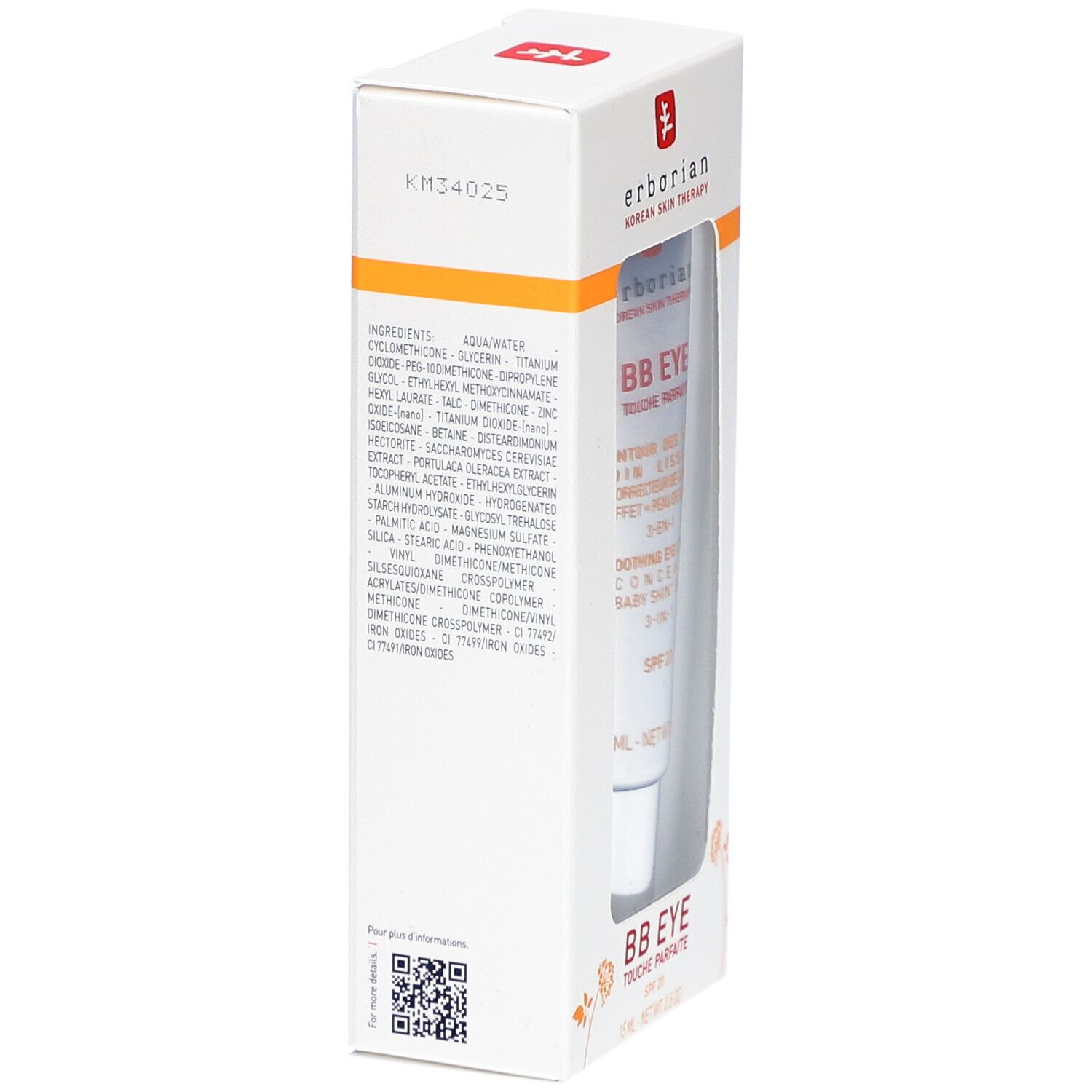 Erborian BB Eye Verpackung. Enthält eine Tube mit Produktinformationen und Inhaltsstoffen. Weißer Karton mit Text.
