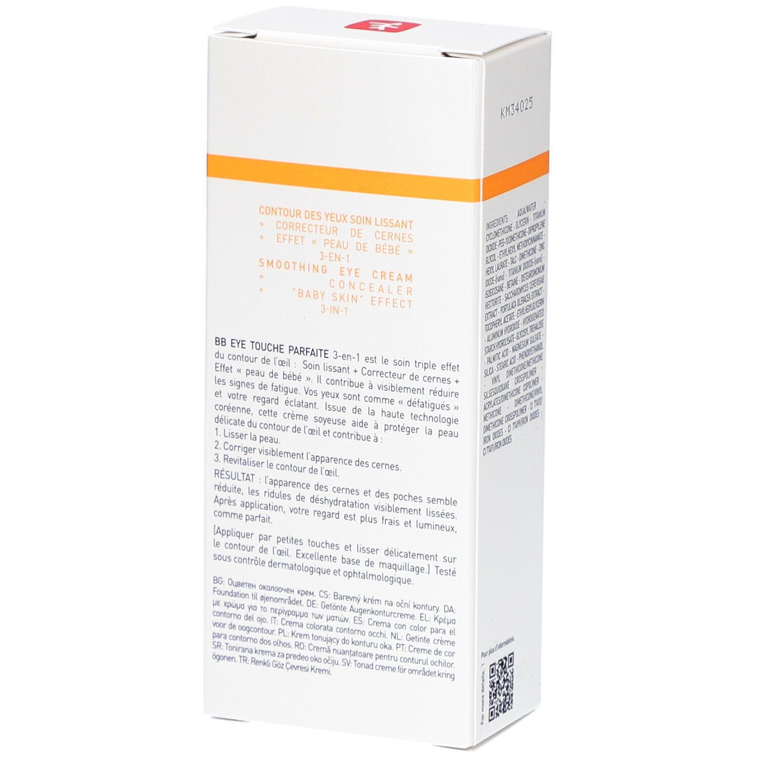 Rückseite der Erborian BB Eye Verpackung. Text in mehreren Sprachen. Enthält Produktinformationen und Inhaltsstoffe.