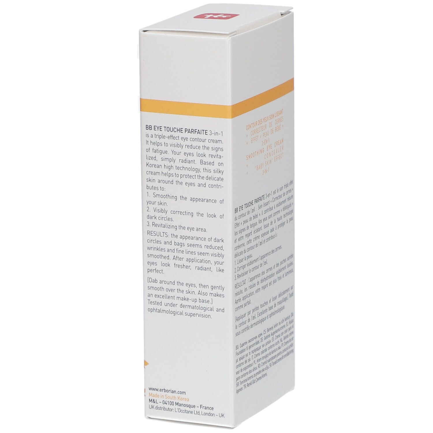 Erborian BB Eye Verpackung. Seitenansicht mit Produktbeschreibung. Weißer Karton mit gelbem Akzent.