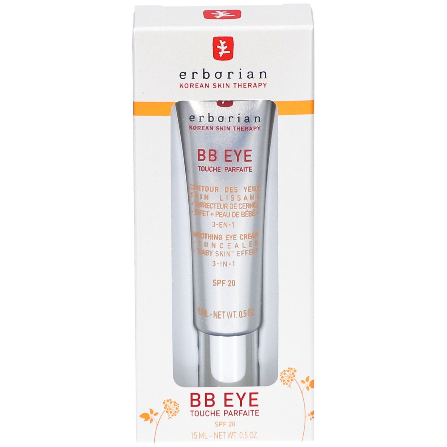 Erborian BB Eye Tube in Verpackung. Tube mit Produktnamen und SPF 20. Verpackung mit Fenster.