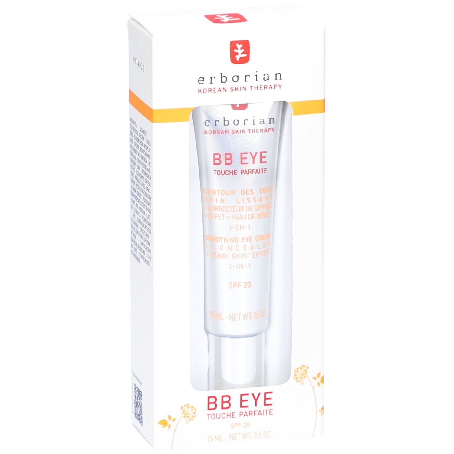 Erborian BB Eye Tube in Verpackung. Tube mit Produktnamen und SPF 20. Verpackung mit Fenster.