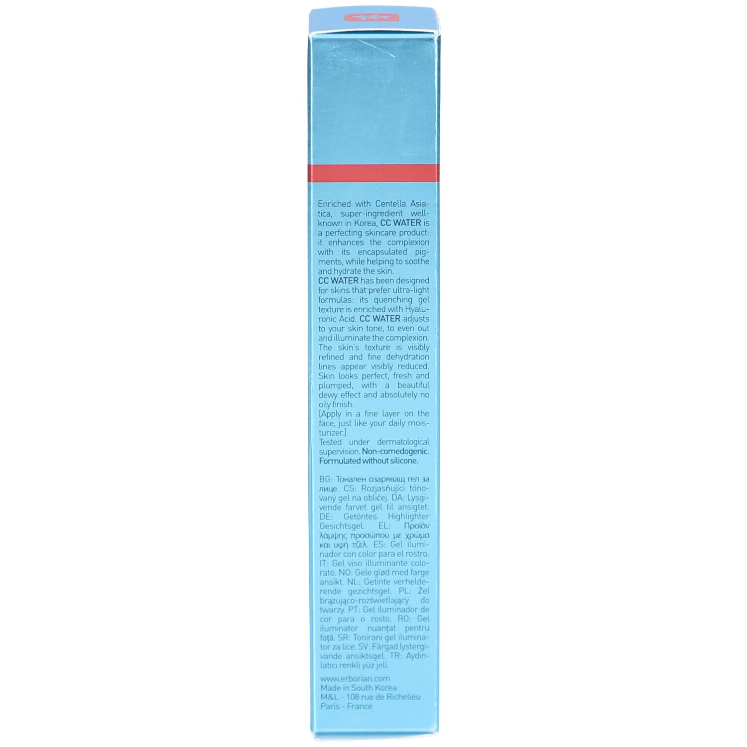 Hellblaue Schachtel CC WATER à la Centella. Text in mehreren Sprachen. Produktinformationen.