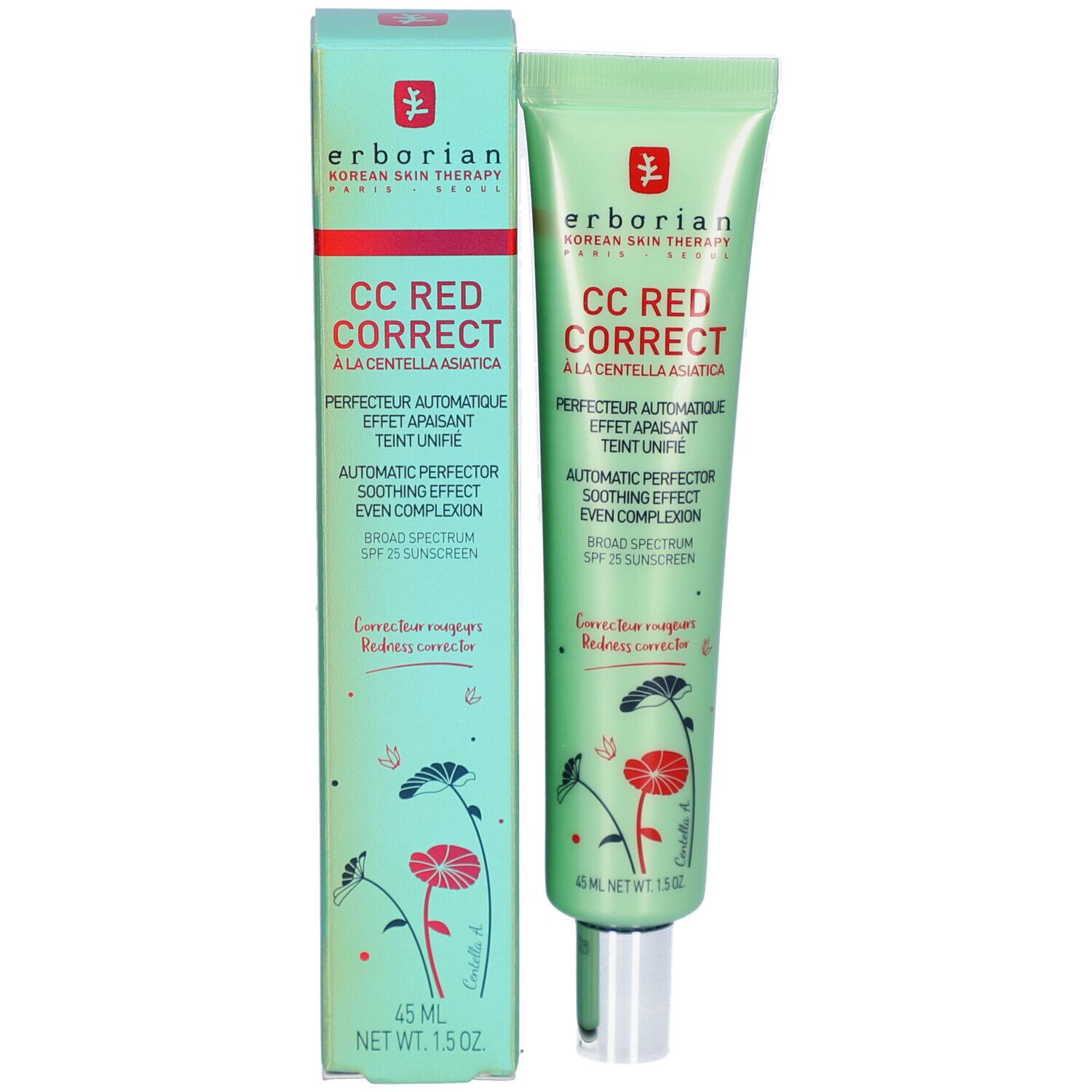 CC Red Correct Creme und Verpackung. Tube und Schachtel mit Logo und Text von Erborian. 45 ml.