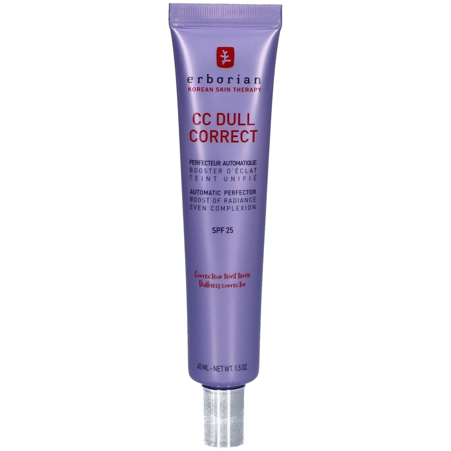 Lila Tube mit Produktnamen und SPF 25. Silberne Kappe. Text in Englisch und Französisch.