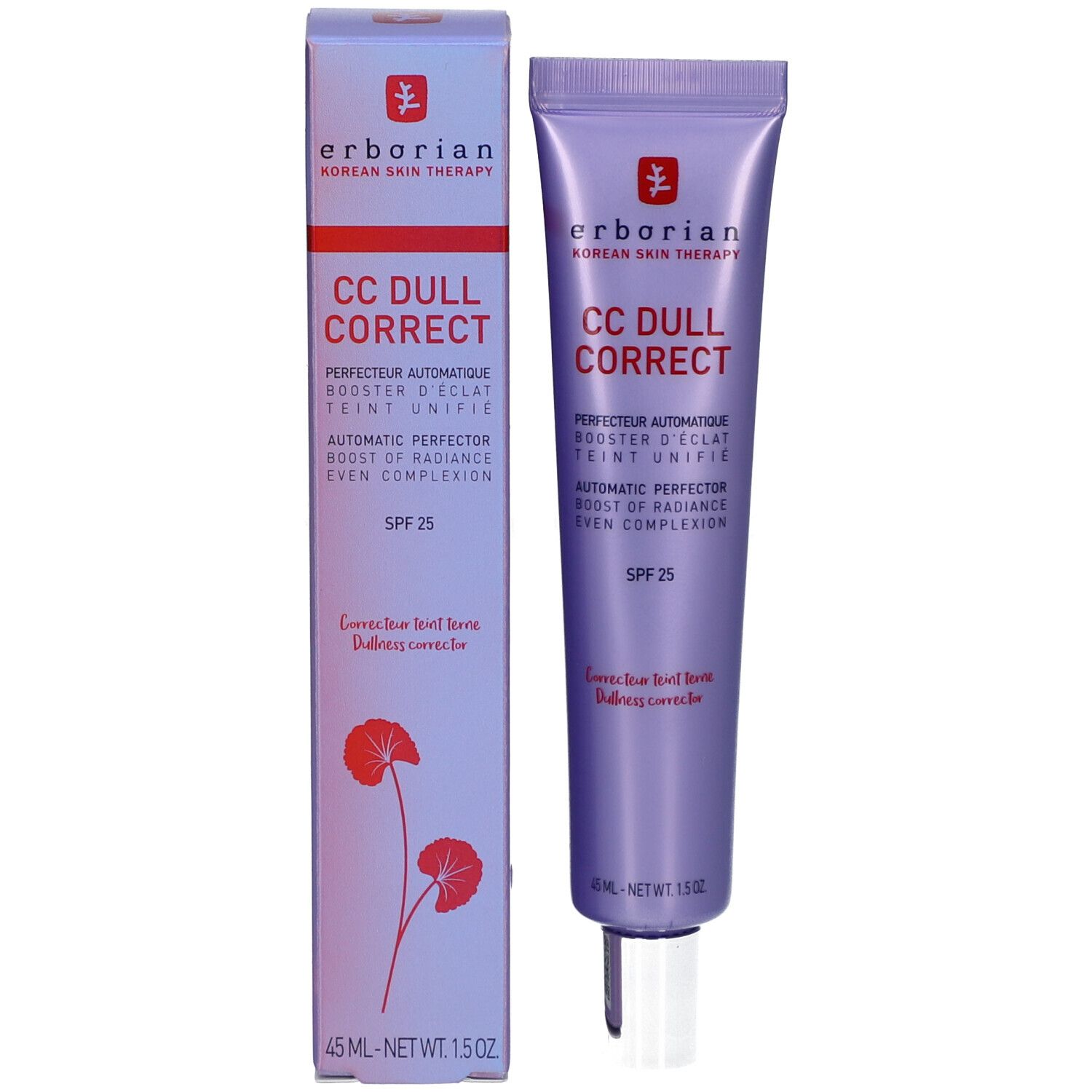 Produkt und Verpackung. Lila Tube und Schachtel. Produktname und SPF 25 sichtbar.