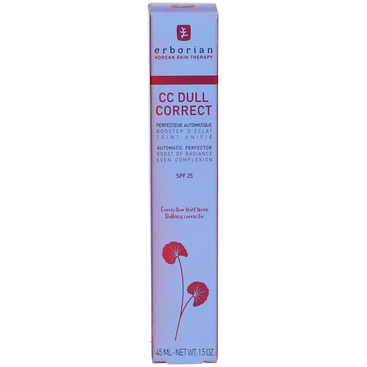 Schachtel mit Produktnamen und SPF 25. Lila und weißes Design. Text in Englisch und Französisch.