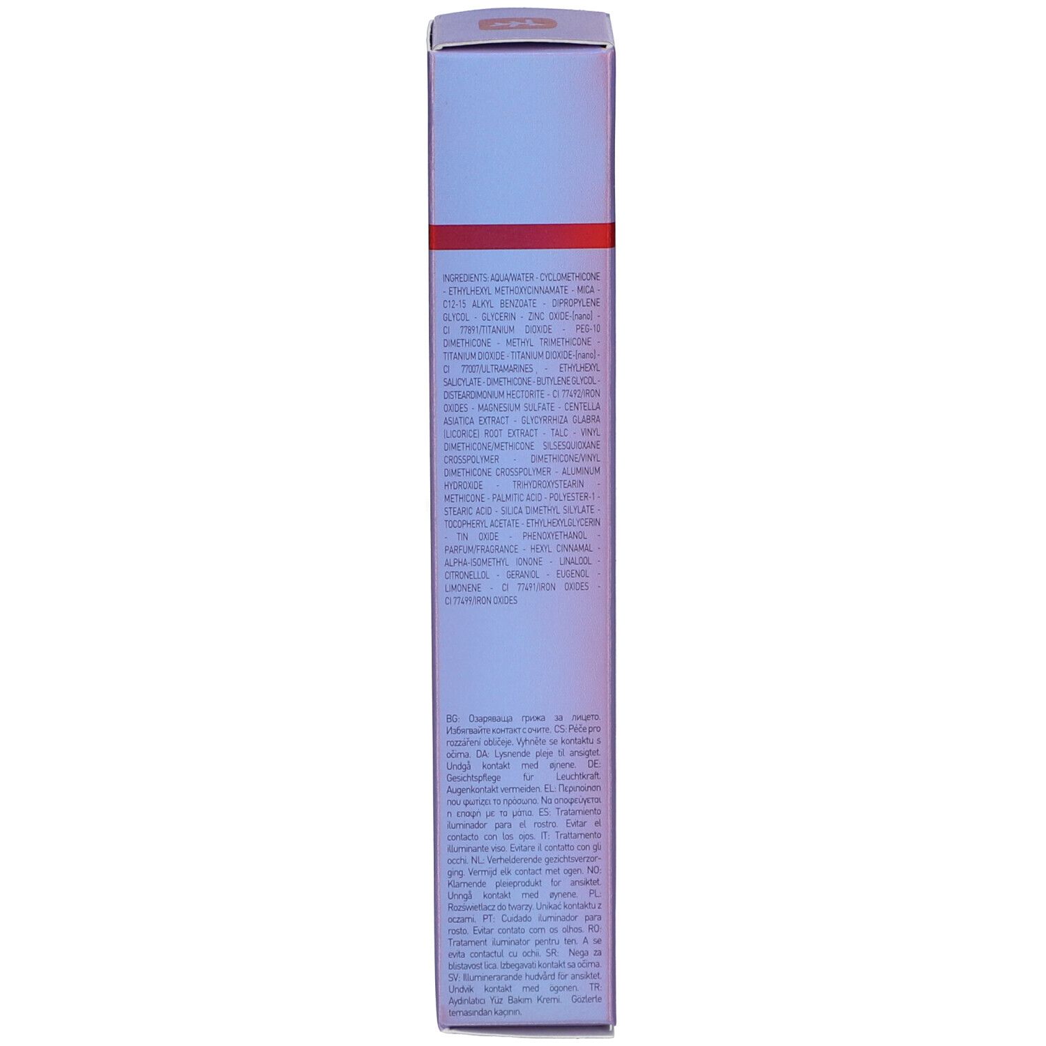 Rückseite der Schachtel. Text in mehreren Sprachen. Lila und weißes Design.