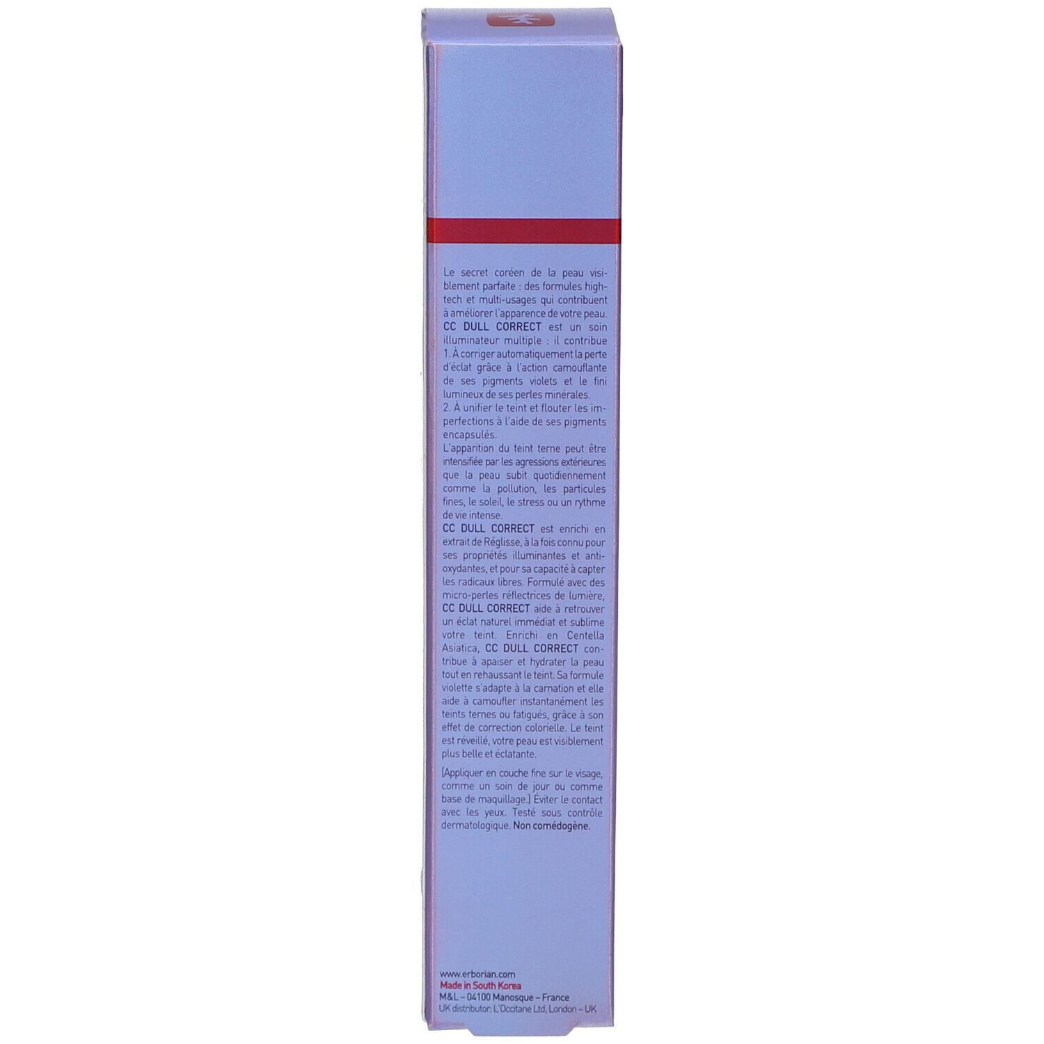 Rückseite der Schachtel. Text in mehreren Sprachen. Lila und weißes Design.