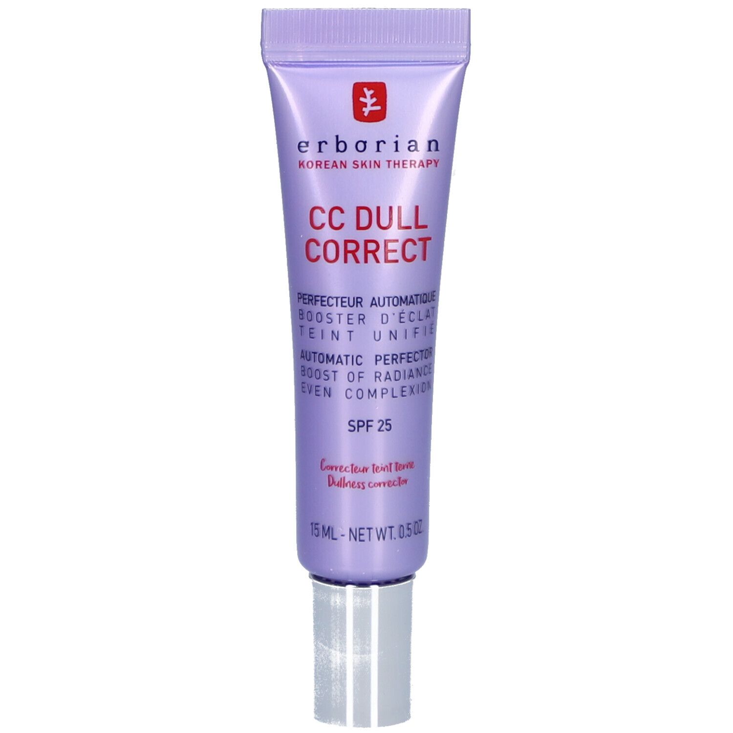 Tube mit CC Dull Correct. Lila Tube mit silberner Kappe. Text: SPF 25, 15 ml.